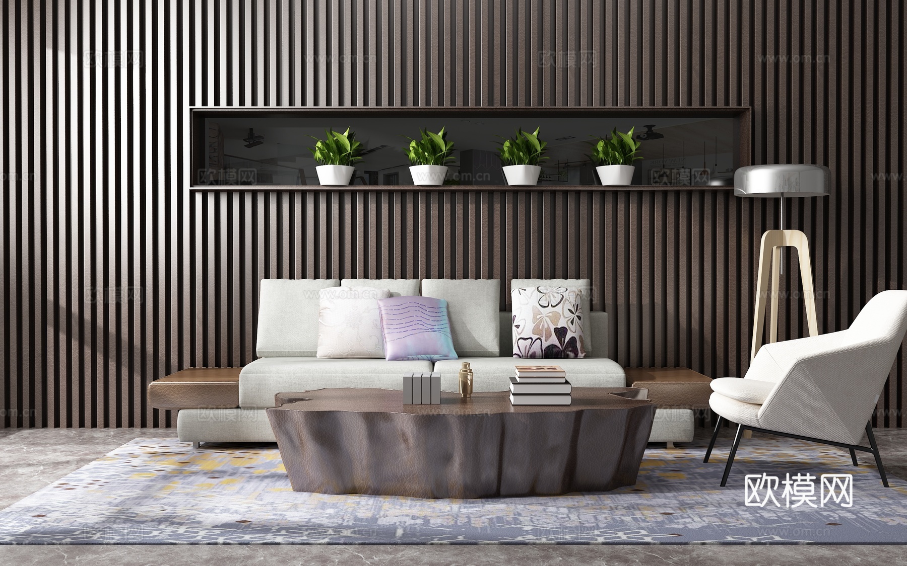 现代沙发茶几组合 背景墙3d模型下载（渲染图1）