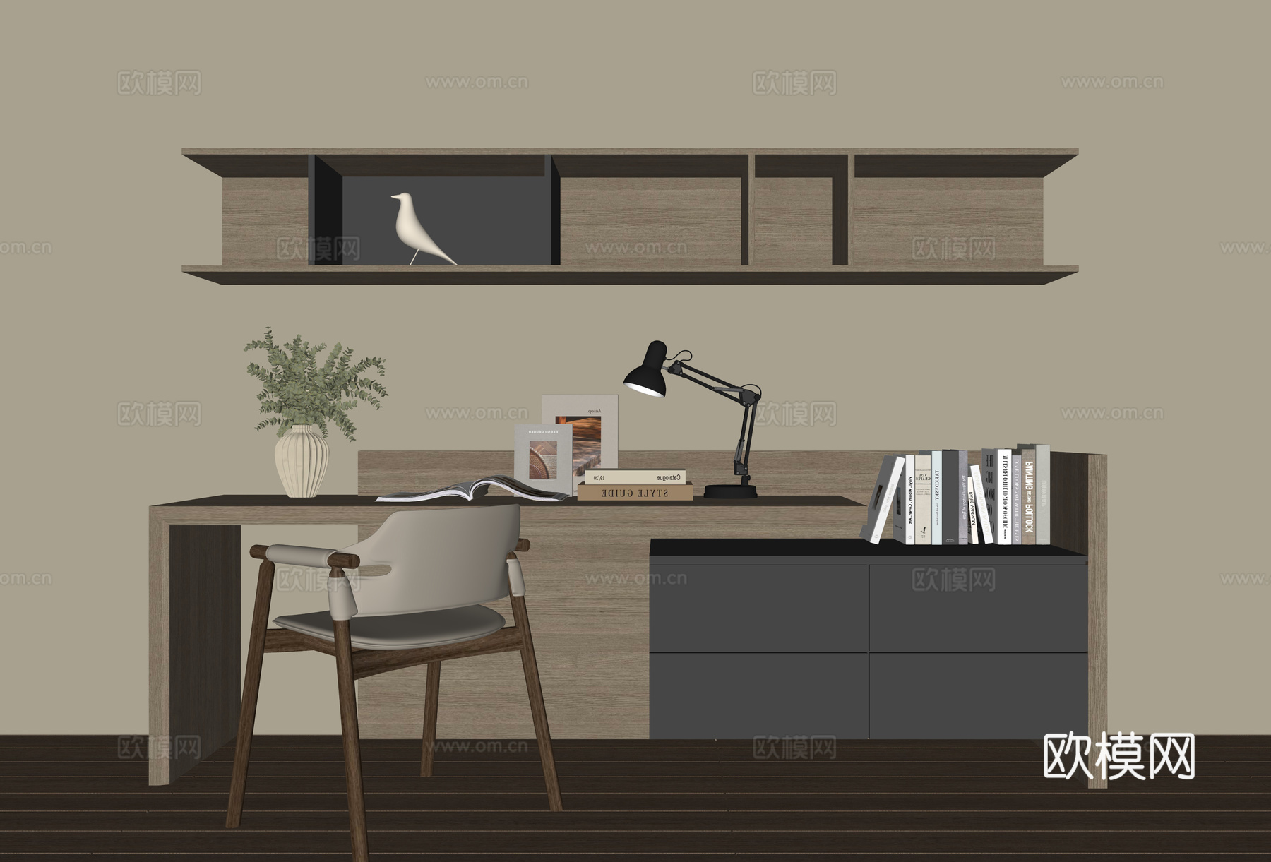 现代书桌一体柜su模型