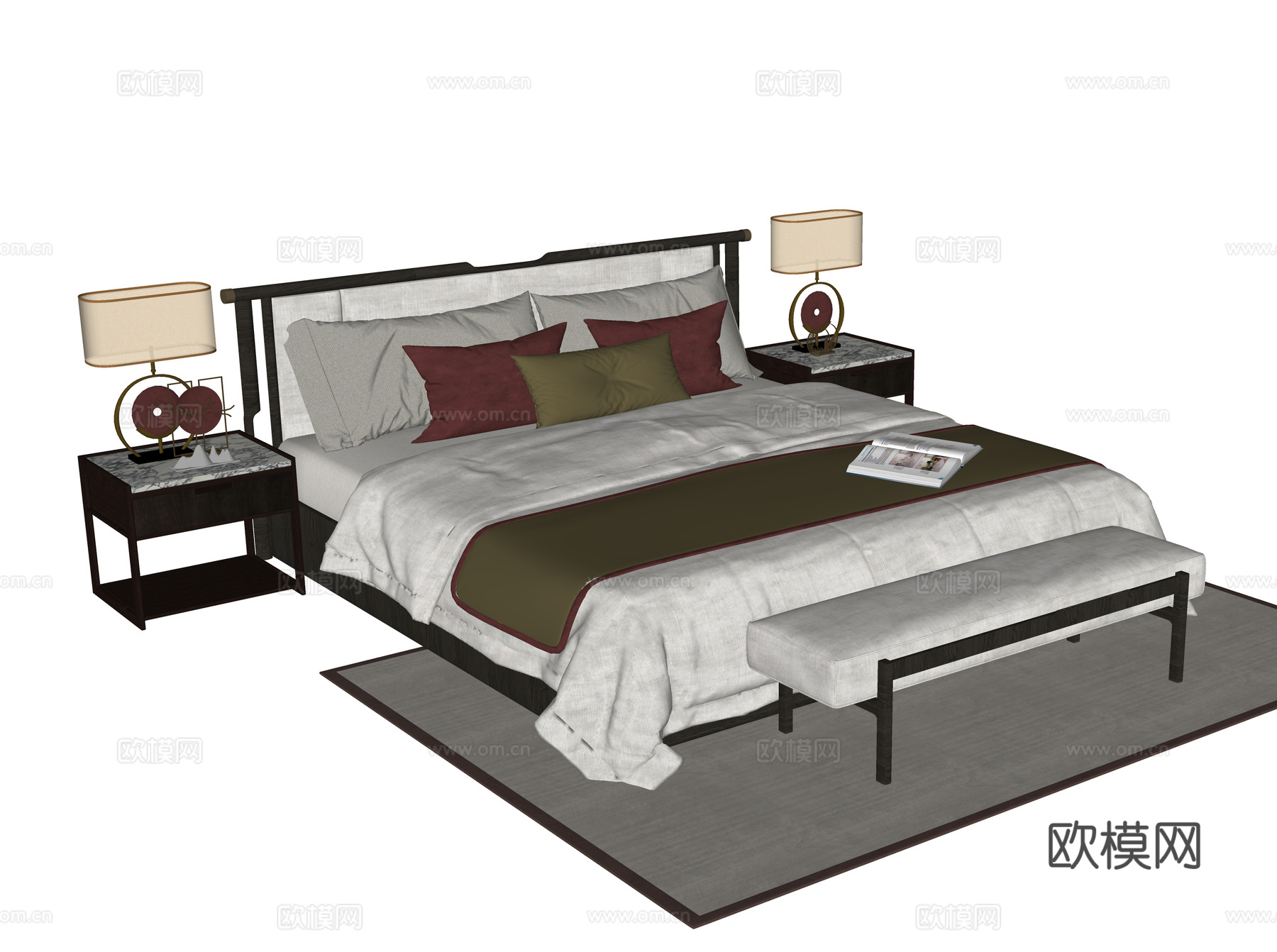 新中式双人床 床尾凳su模型