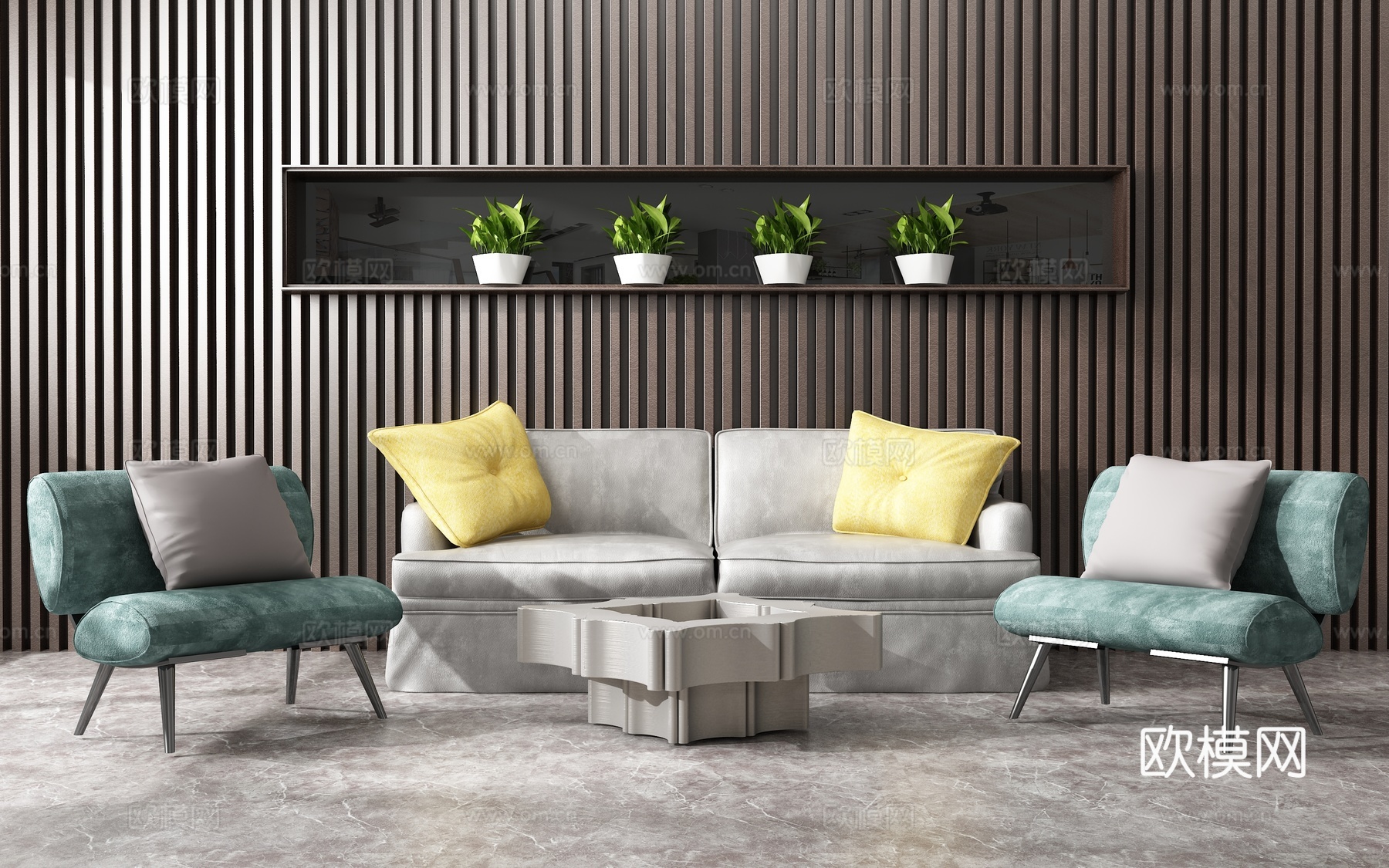 现代茶几组合 背景墙3d模型下载