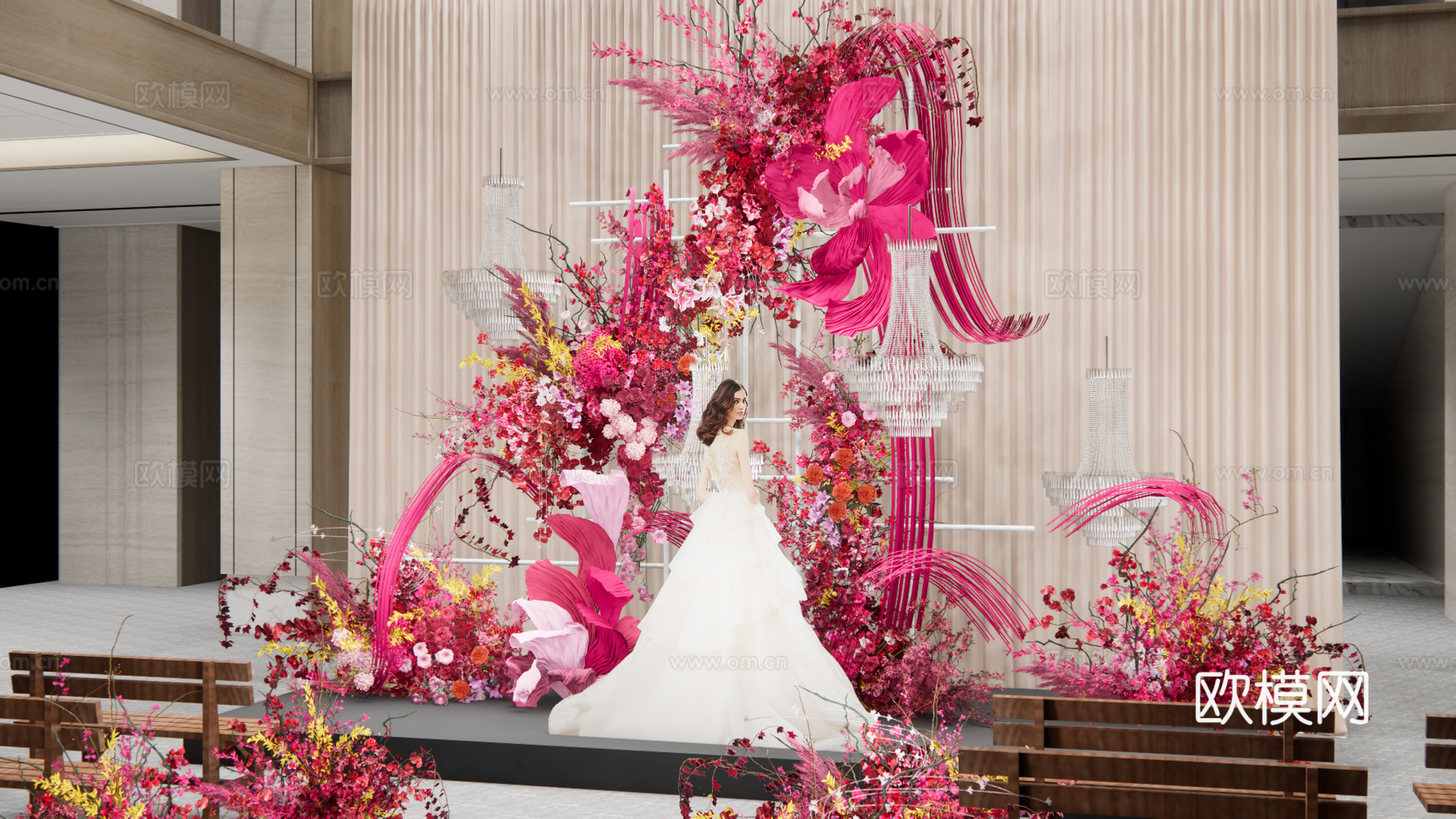 小众玫粉色婚礼花艺美陈su模型