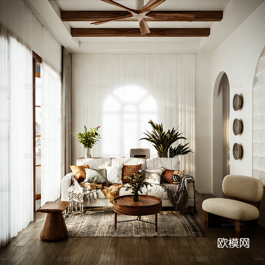 现代简约原木奶油风客厅 拱形背景墙 编织椅 圆形茶几 地毯绿3d模型