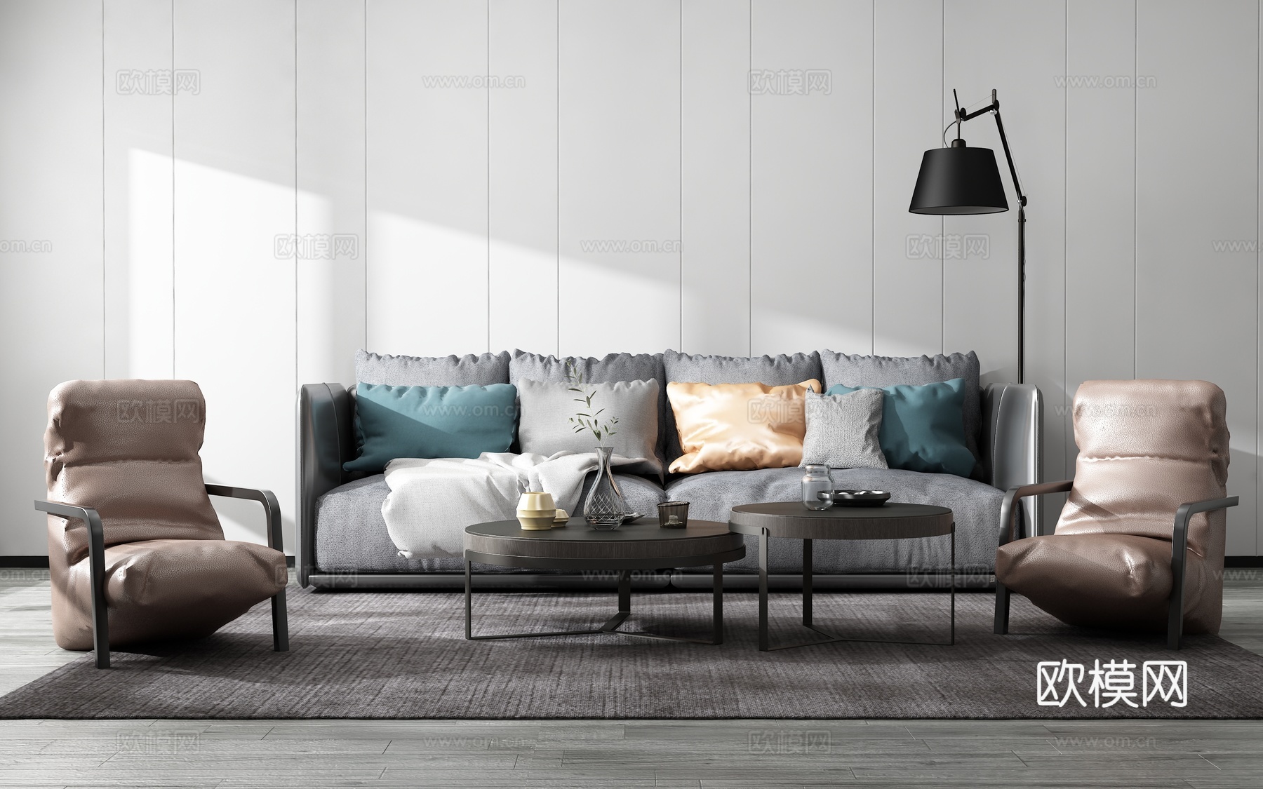 现代沙发茶几组合背景墙3d模型