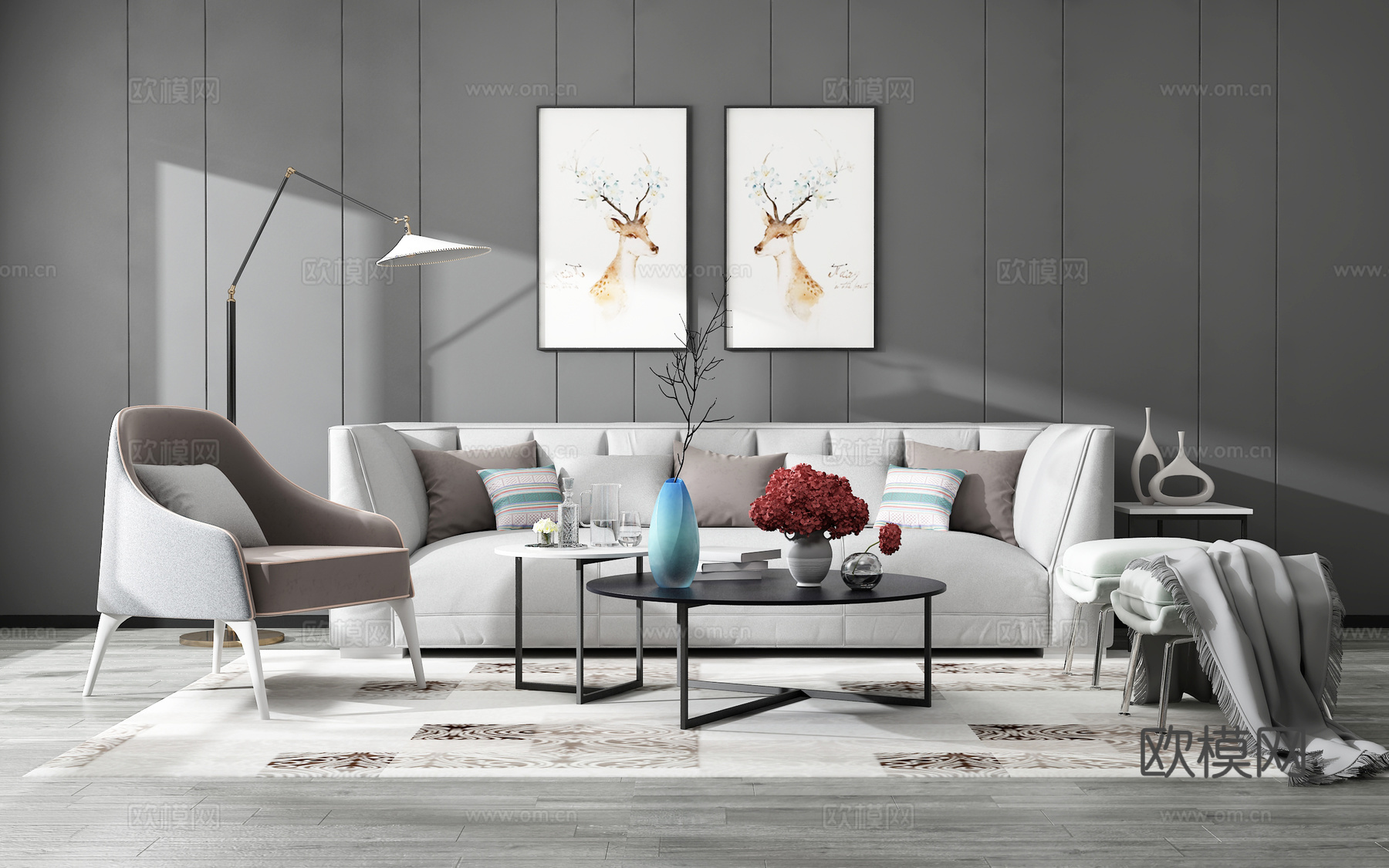 现代沙发茶几组合背景墙3d模型