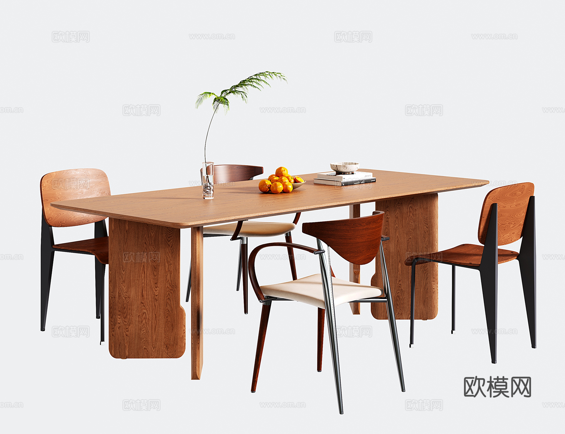 中古现代餐桌椅 长方形木餐桌 餐椅su模型