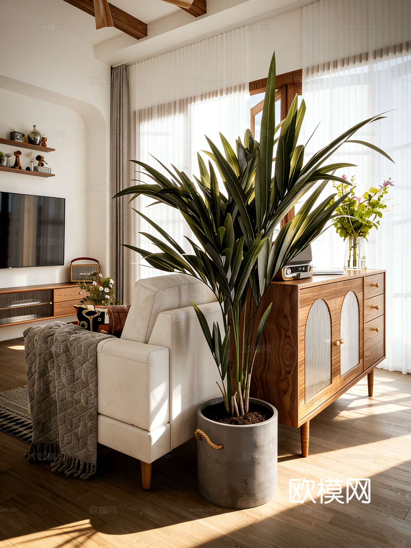 现代简约原木奶油风客厅 拱形背景墙 编织椅 圆形茶几 地毯绿3d模型