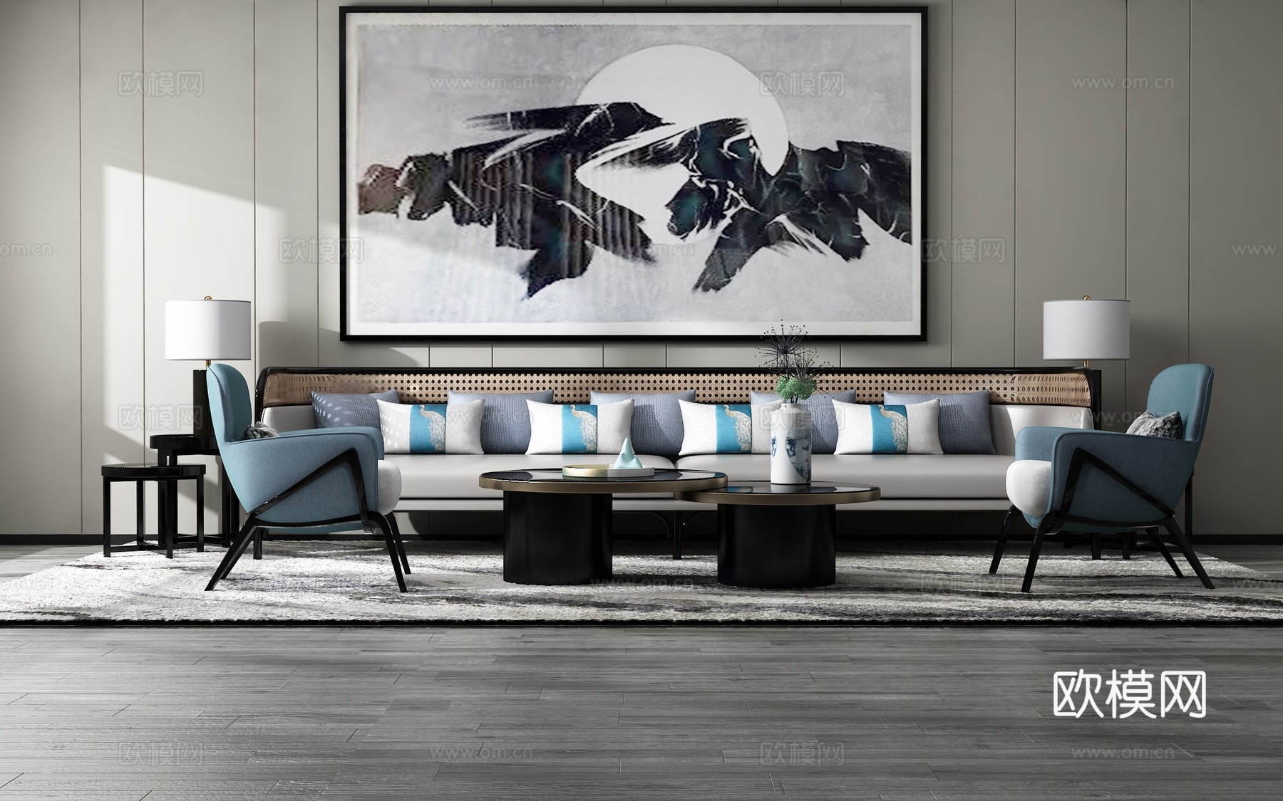 现代沙发茶几组合背景墙3d模型下载