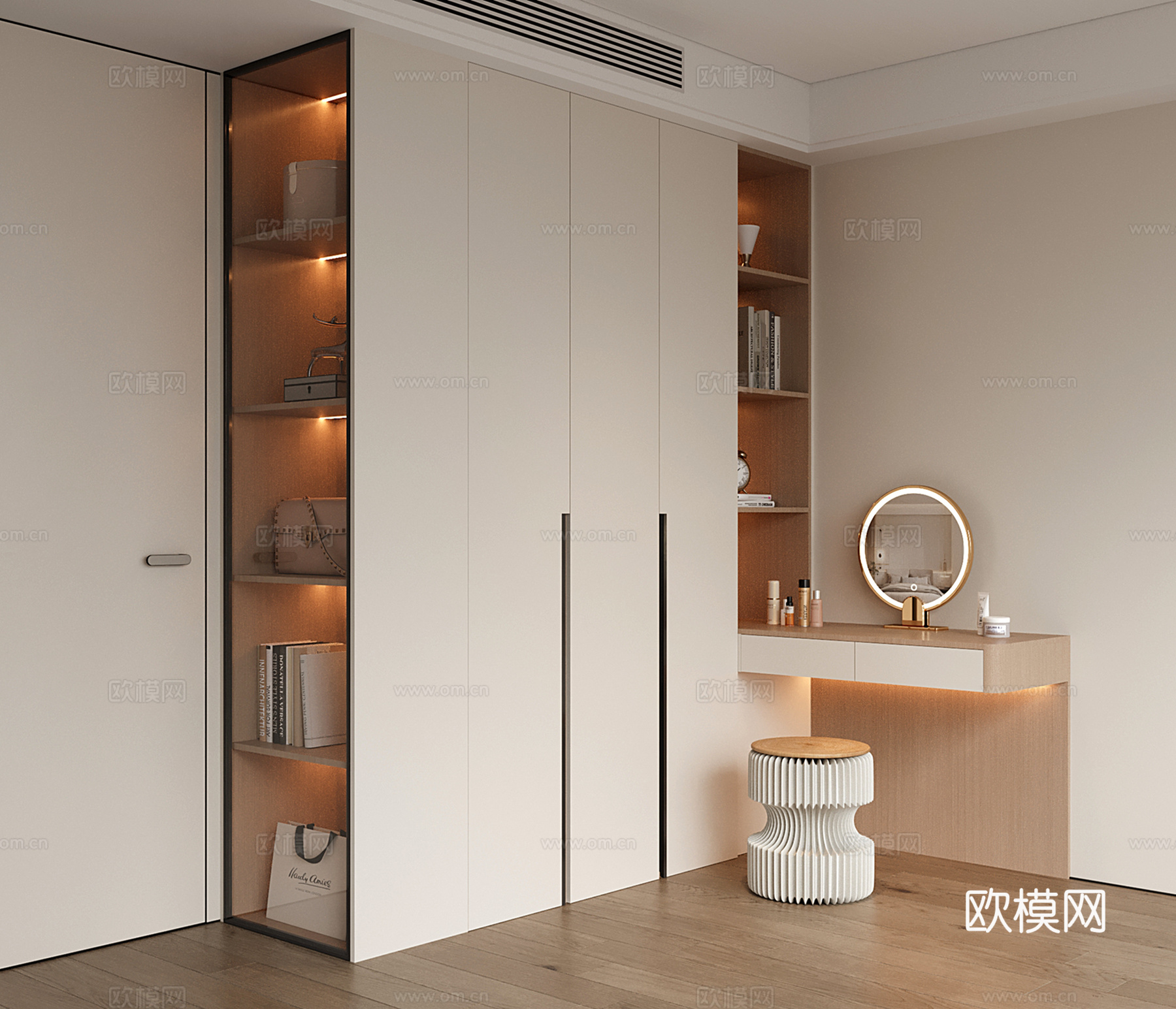 现代定制衣柜 衣柜梳妆台一体 衣柜转角书桌 平开门衣柜 开放su模型