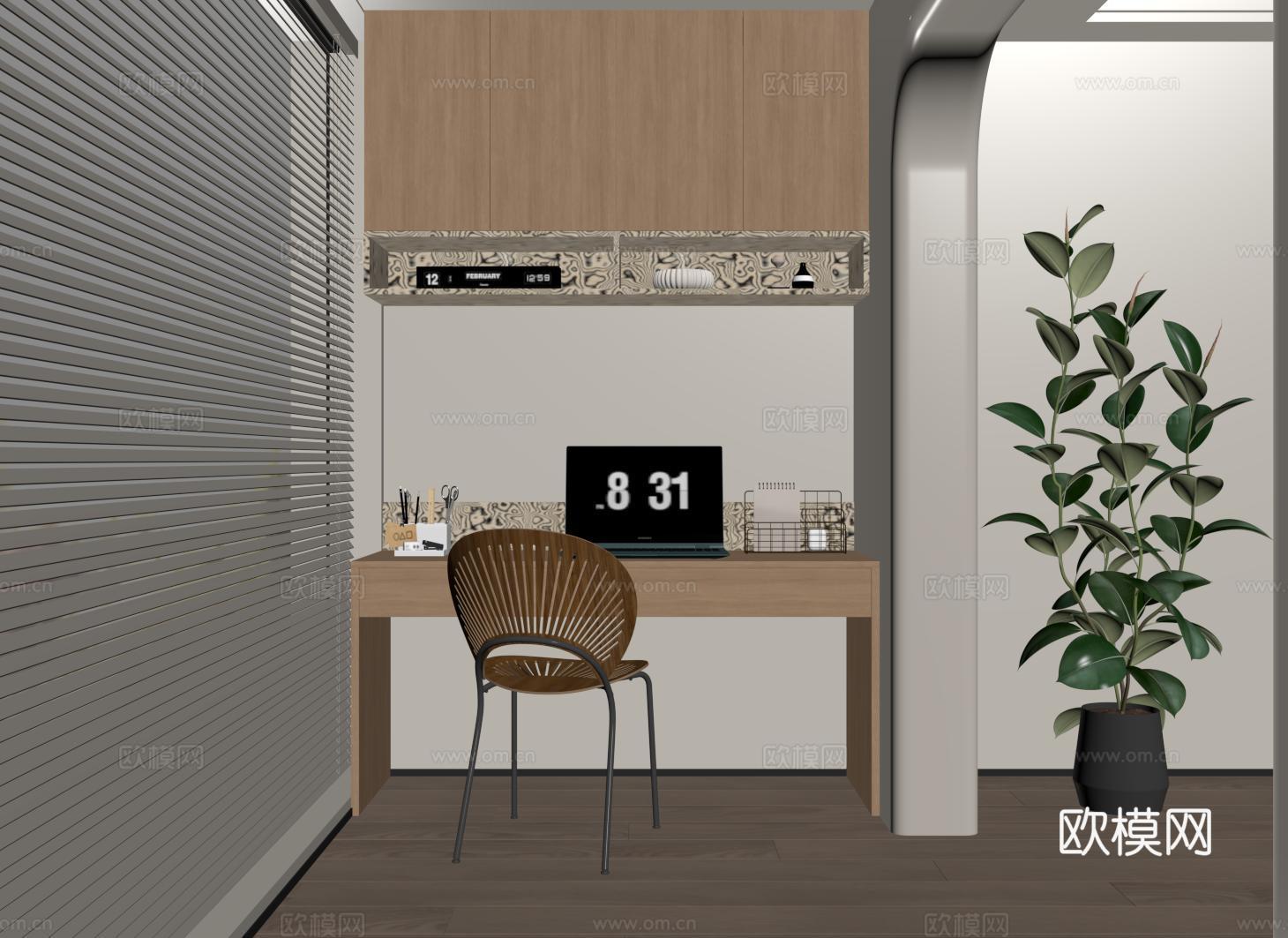 现代阳台书桌 书柜 书桌书柜一体柜su模型