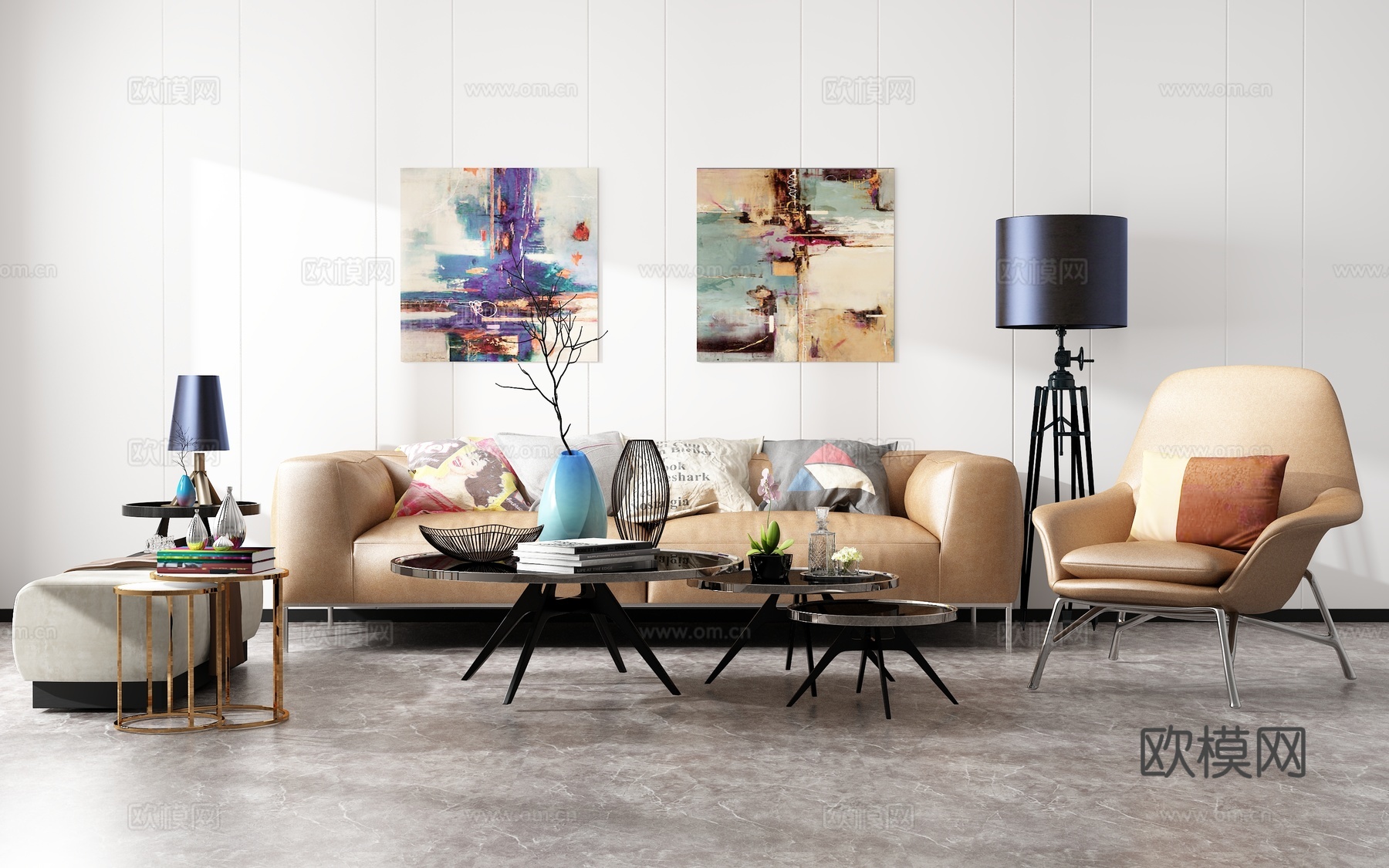 北欧皮革沙发茶几组合3d模型下载