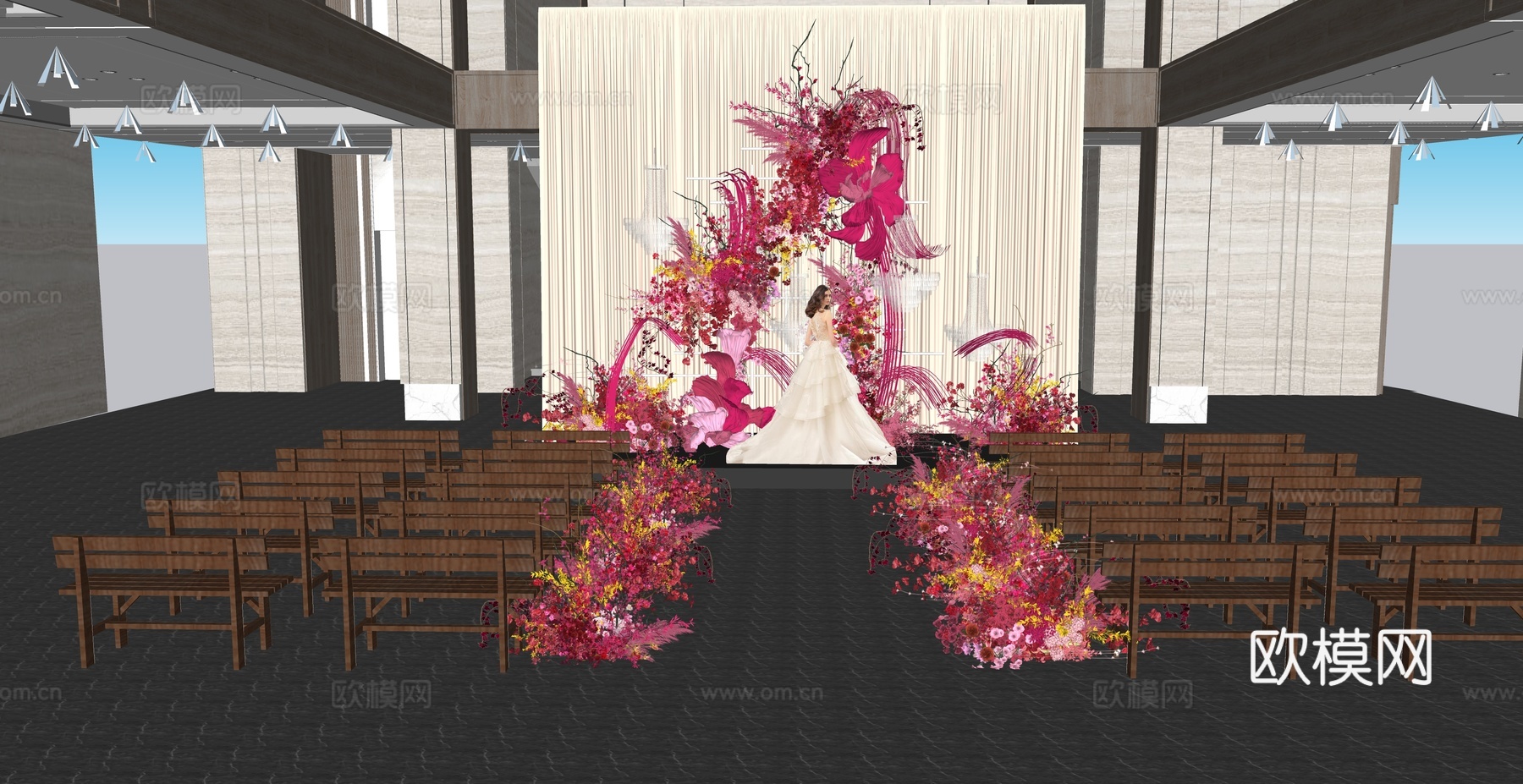 小众玫粉色婚礼花艺美陈su模型