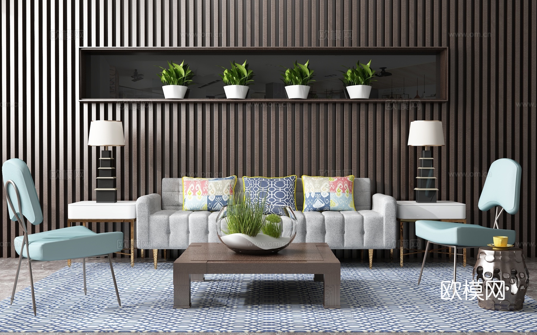 现代沙发茶几组合 背景墙3d模型下载