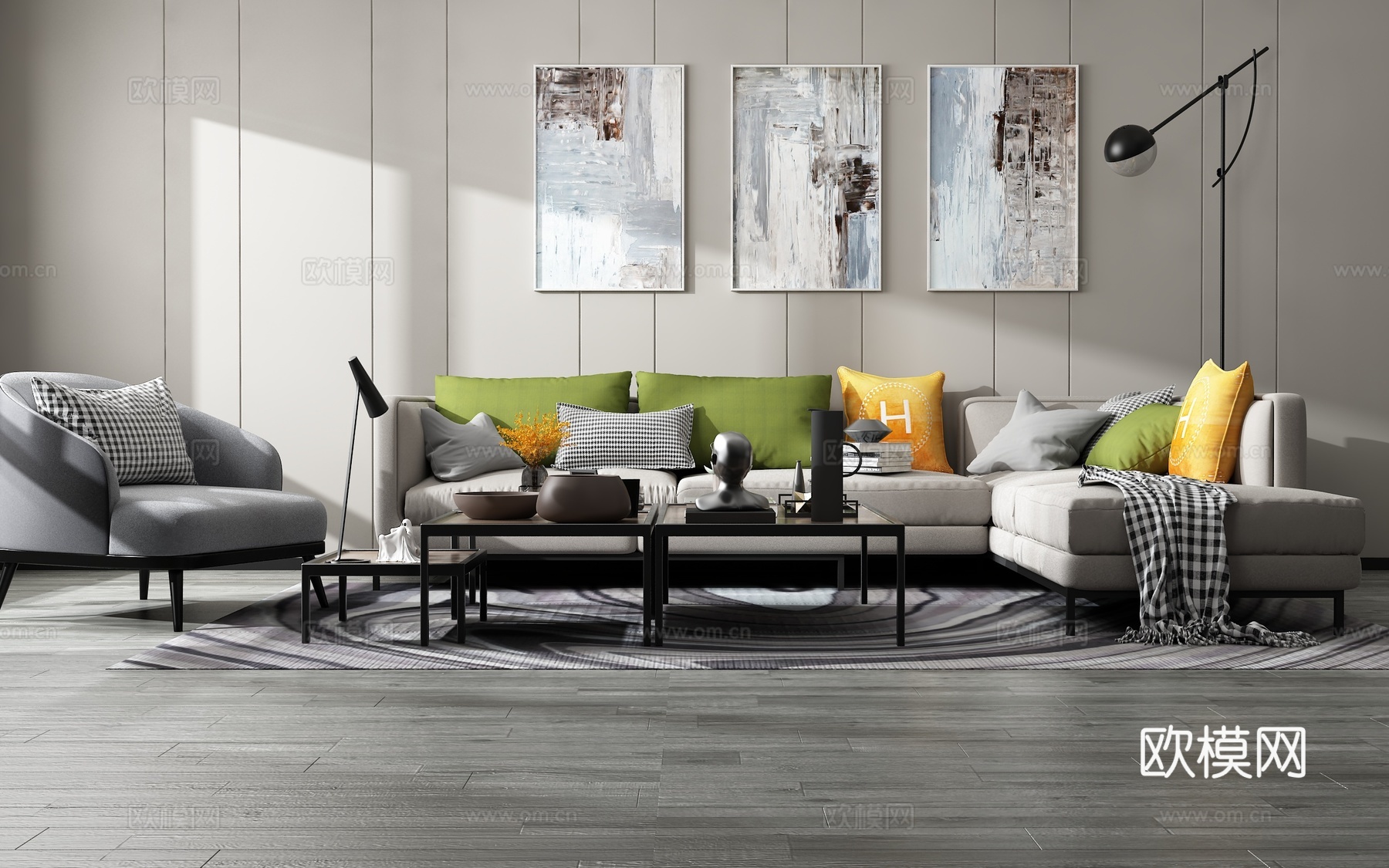 现代沙发茶几组合背景墙3d模型下载