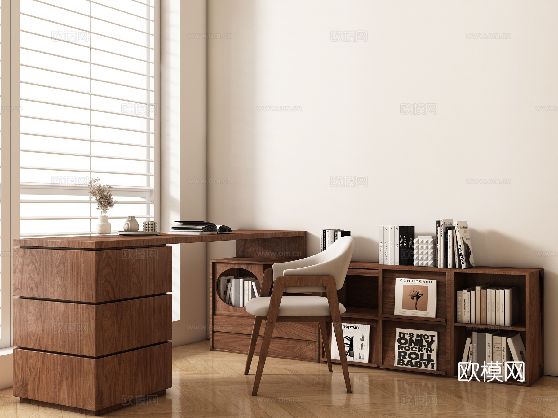 现代简约书桌椅 书桌  办公桌椅 摆件组合 书柜su模型