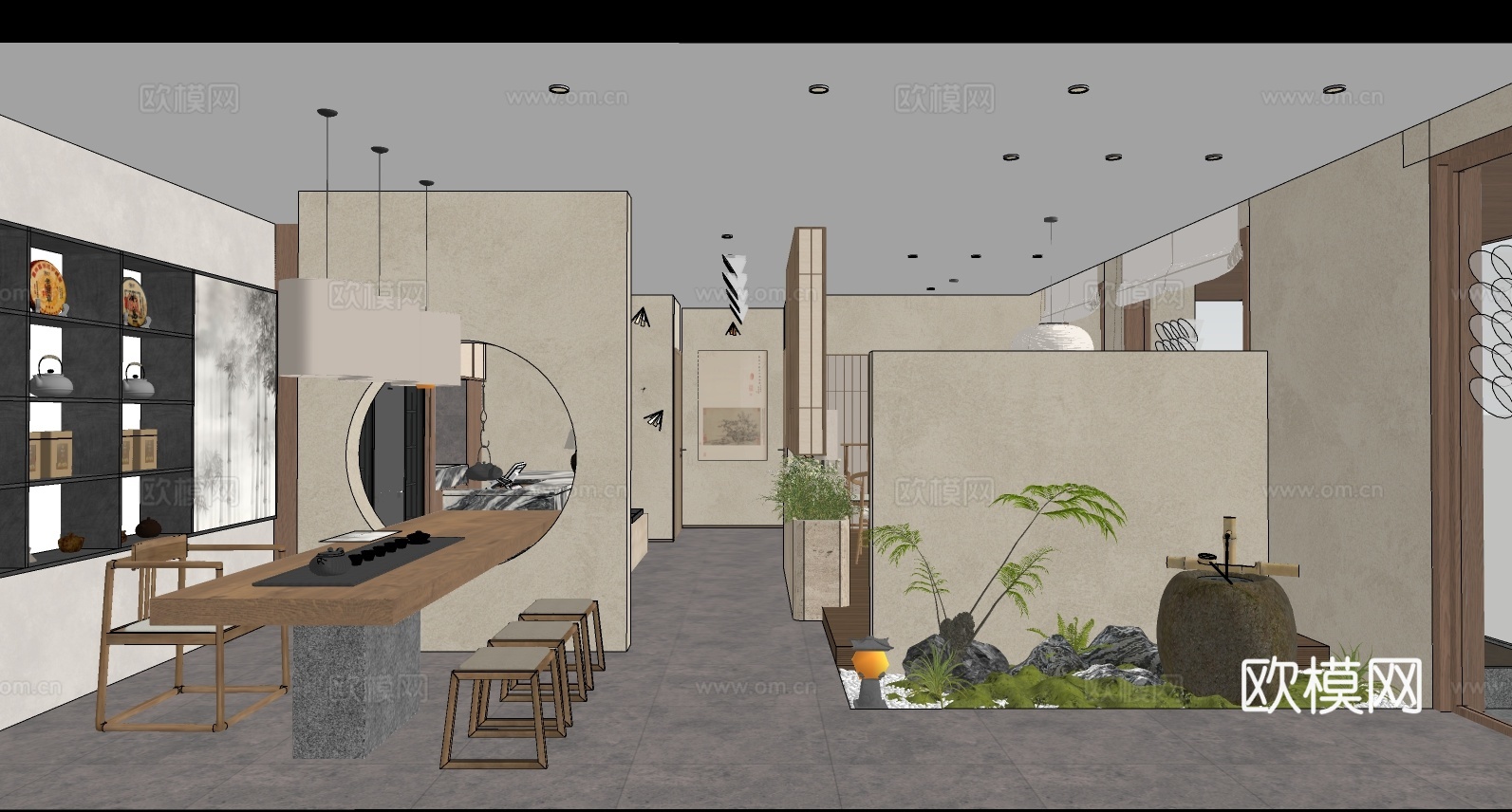 新中式茶馆 茶叶店 茶桌组合su模型