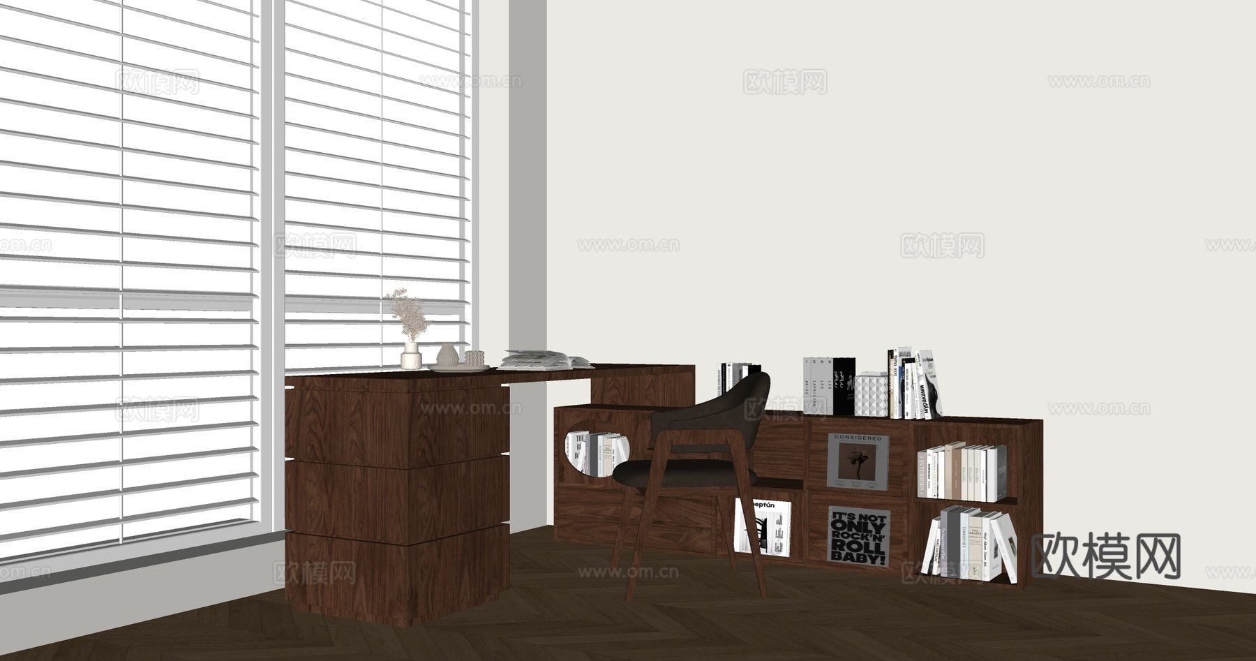 现代简约书桌椅 书桌  办公桌椅 摆件组合 书柜su模型