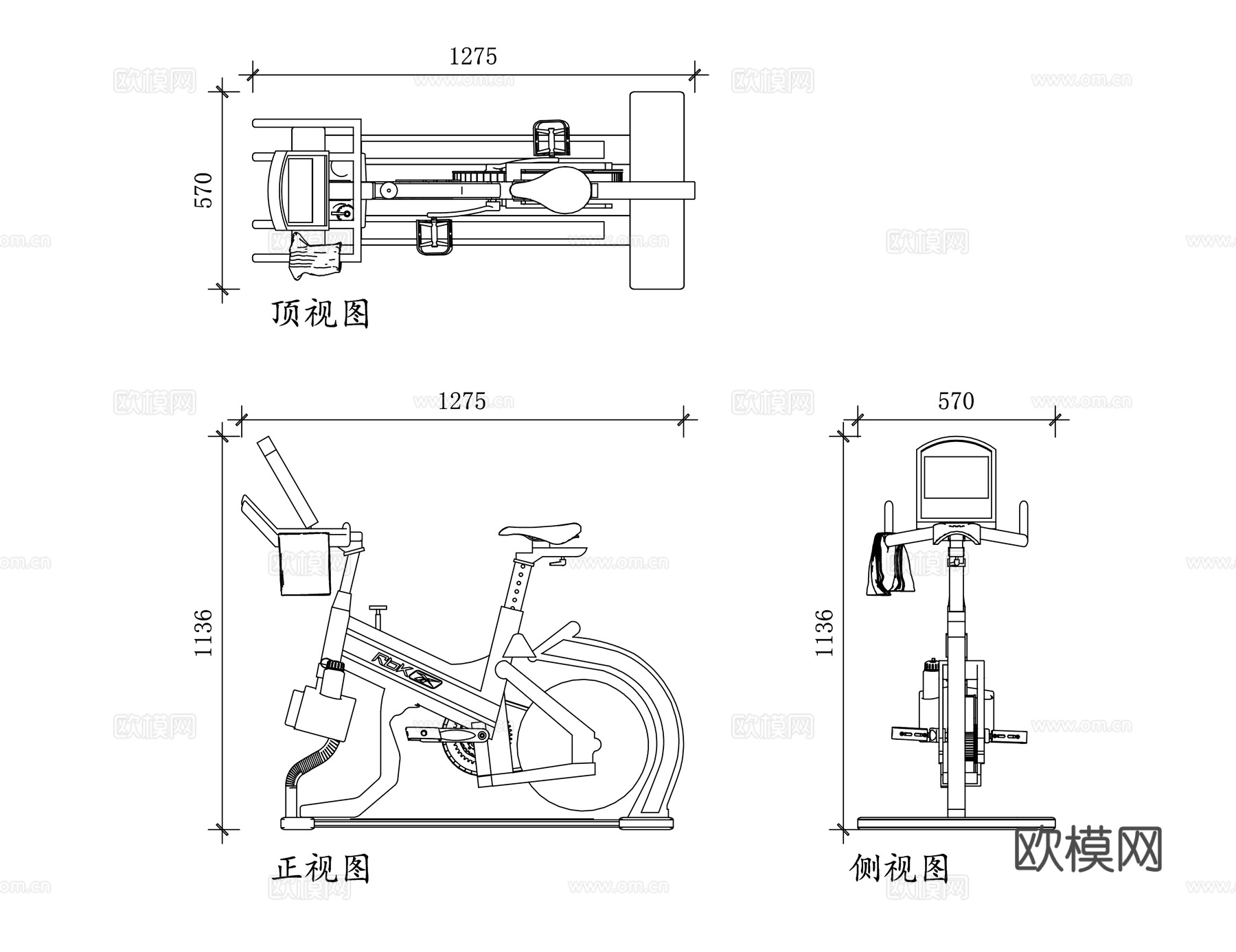 固定自行车 动感单车 室内健身车 自旋健身车 立式健身车cad施工图