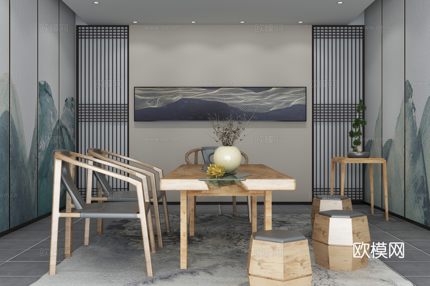 新中式茶室 座椅 鼓凳 茶具 干枝饰品 地毯 背景墙 盆3d模型