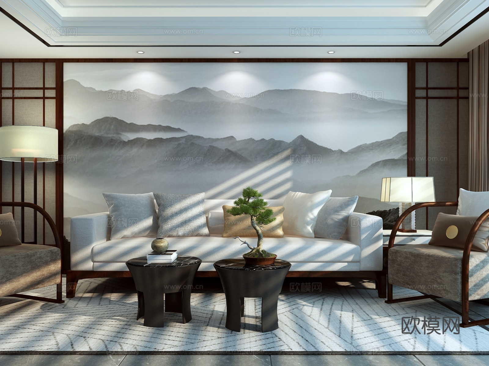 新中式现代客厅  吊灯  挂画 组合 沙发背景墙 沙发茶3d模型下载