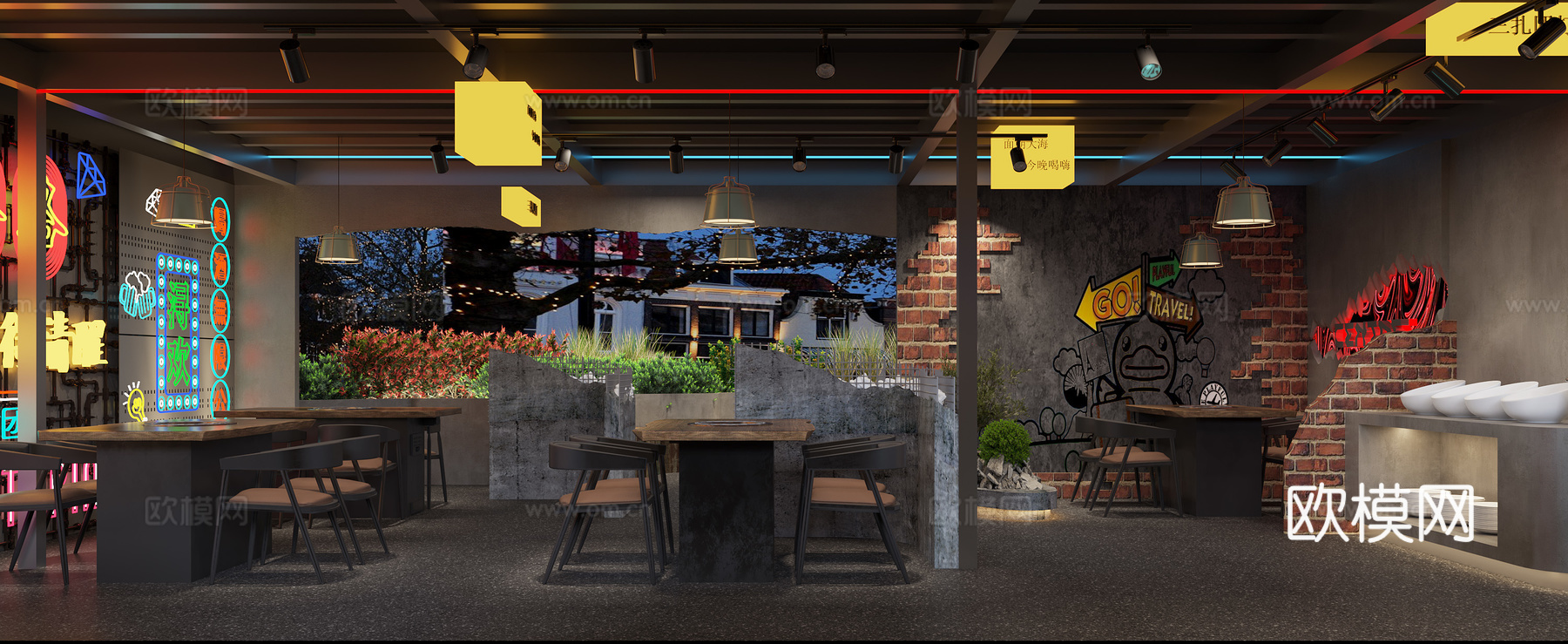 网红风烧烤店 最新全套 效果图 施工图设计cad施工图