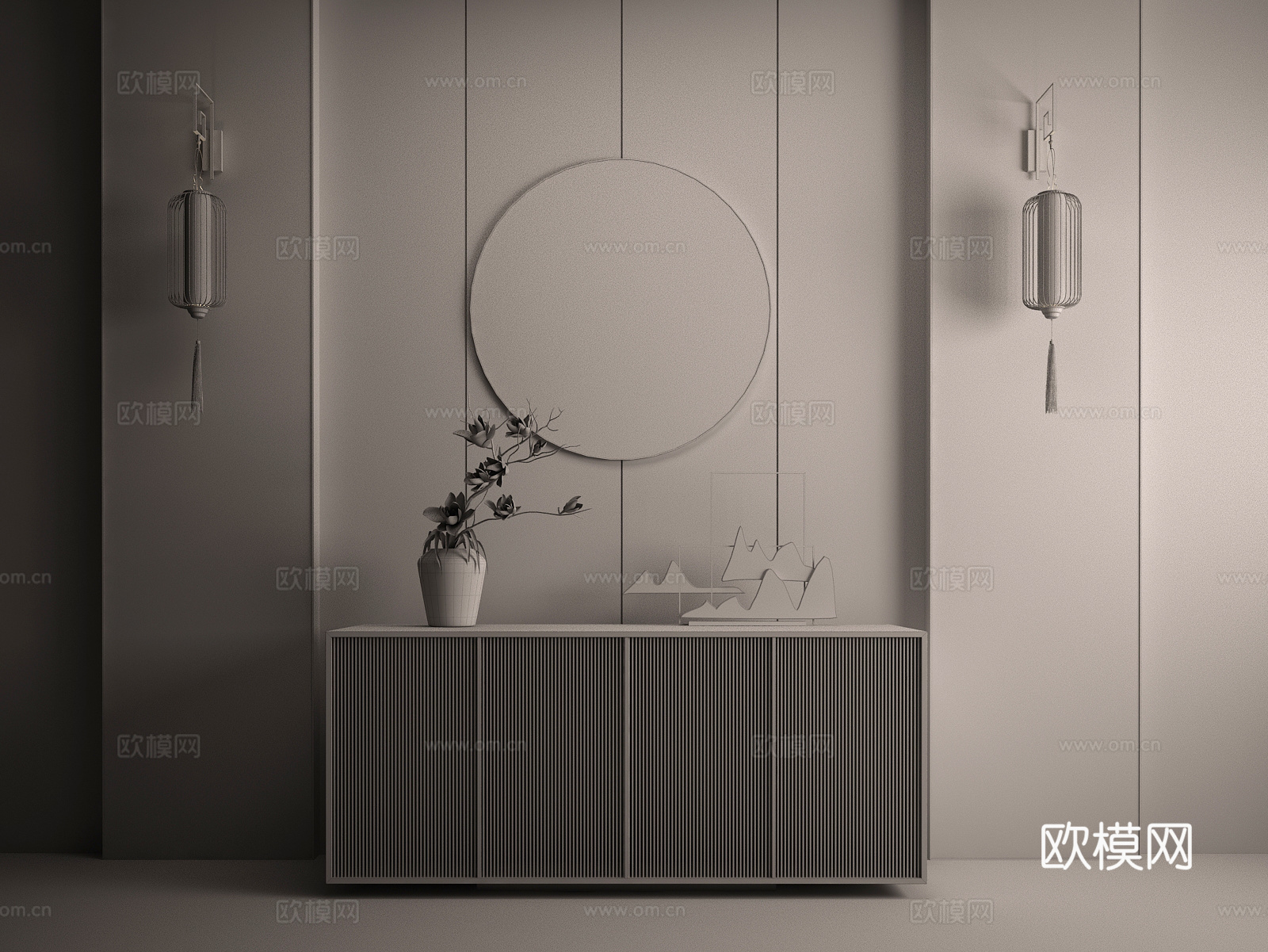 新中式端景柜壁灯摆件组合3d模型下载（渲染图2）