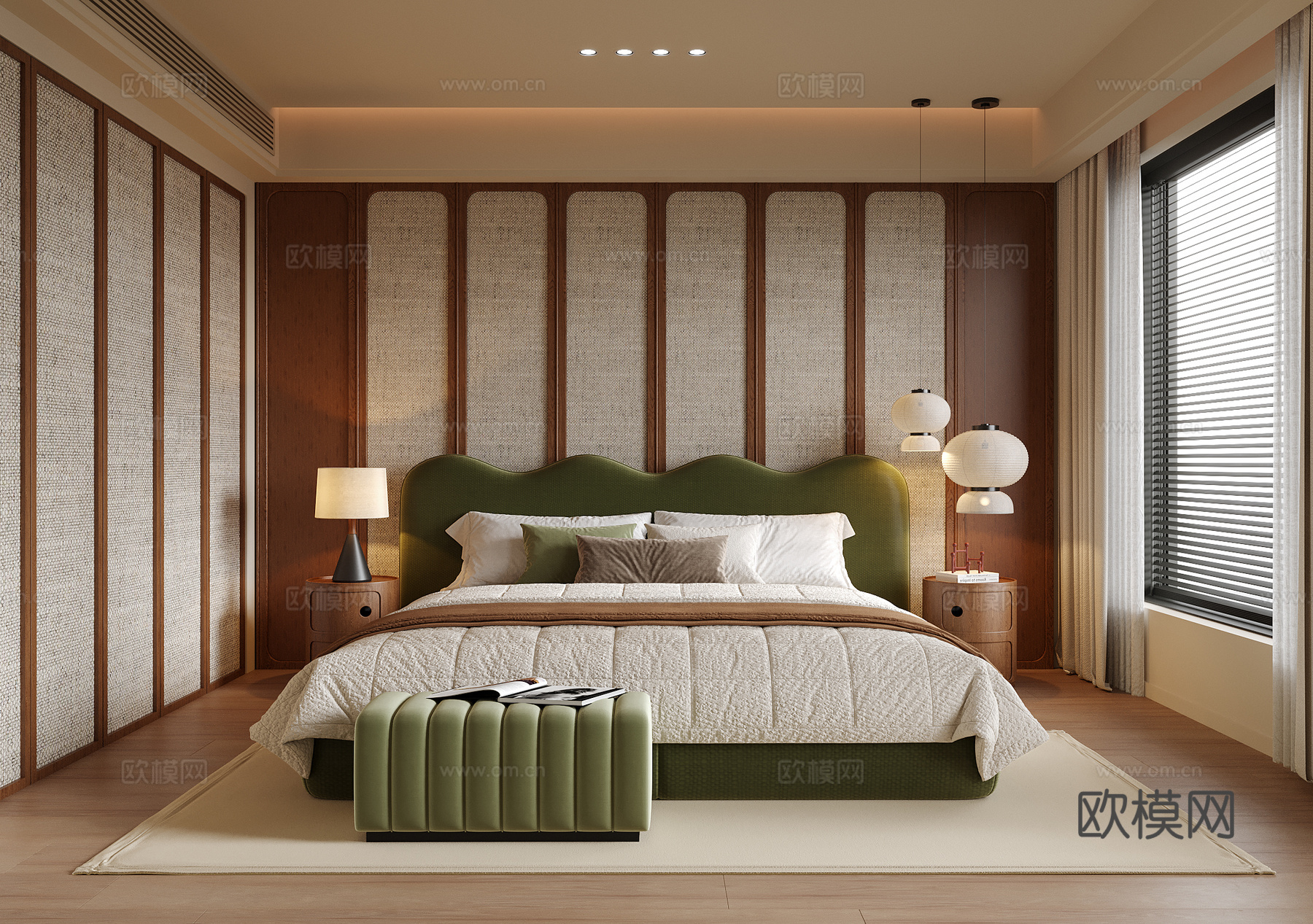 现代卧室 床头柜 床尾凳 双人床su模型