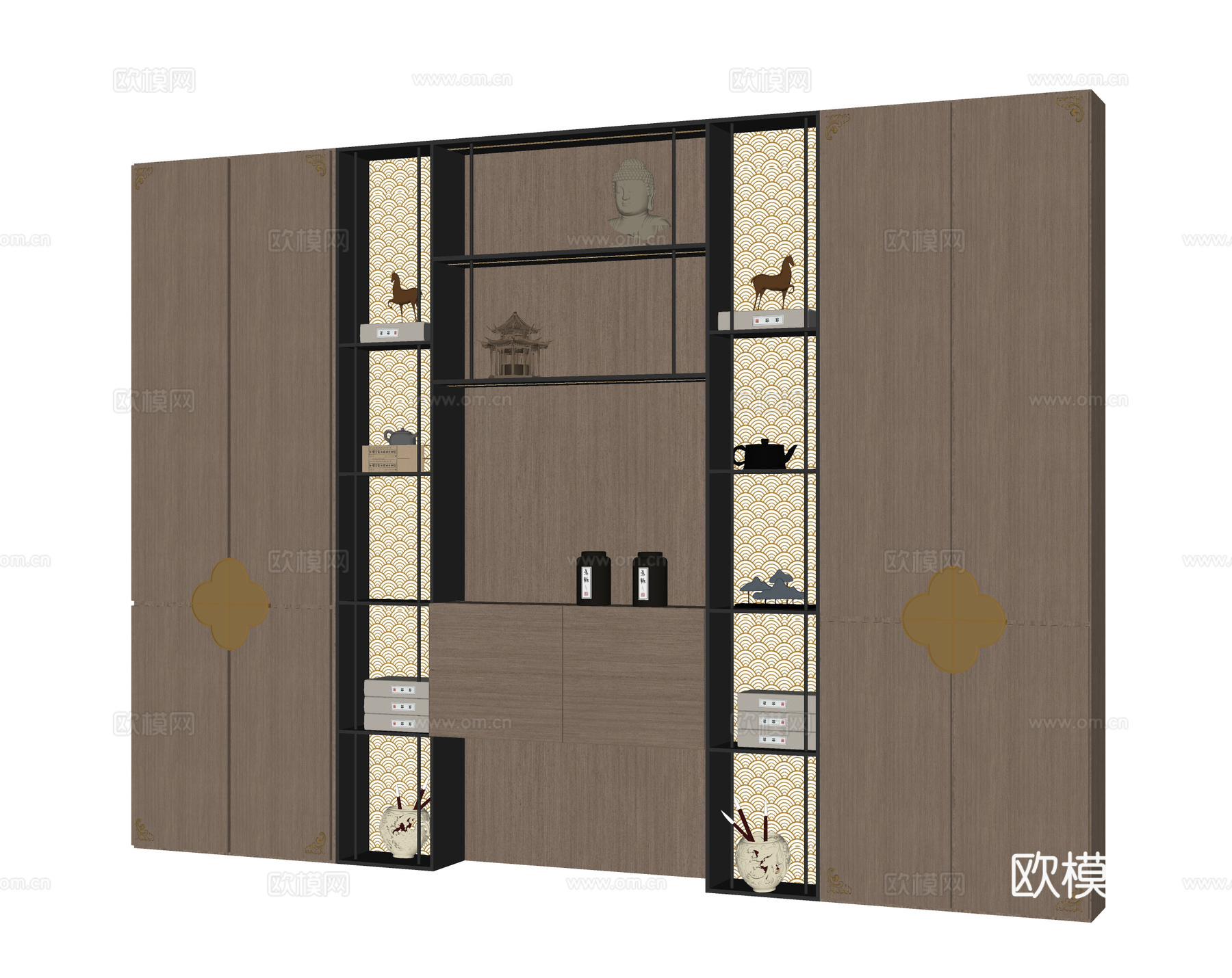 新中式装饰柜 书柜 茶室柜su模型