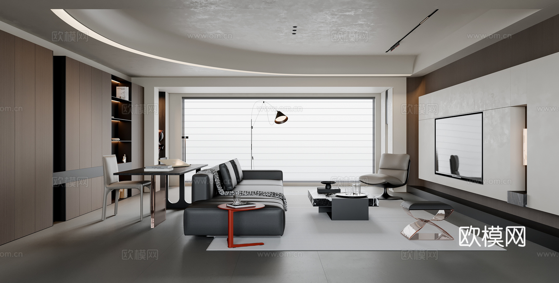 现代意式客厅 大平层 沙发茶几 电视背景墙 书桌椅 书柜 地su模型