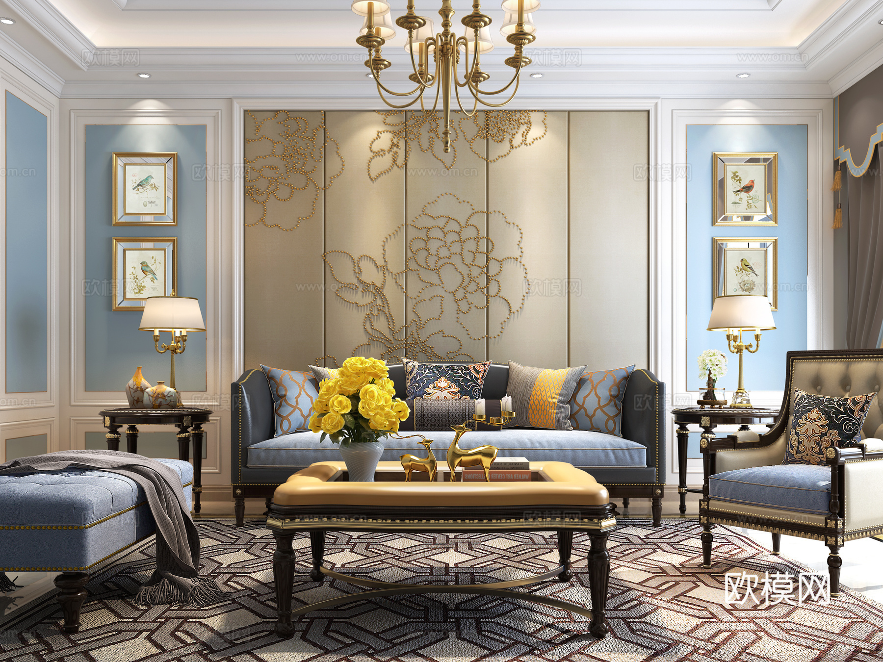 古典美式客厅 沙发茶几 吊灯3d模型下载（渲染图1）