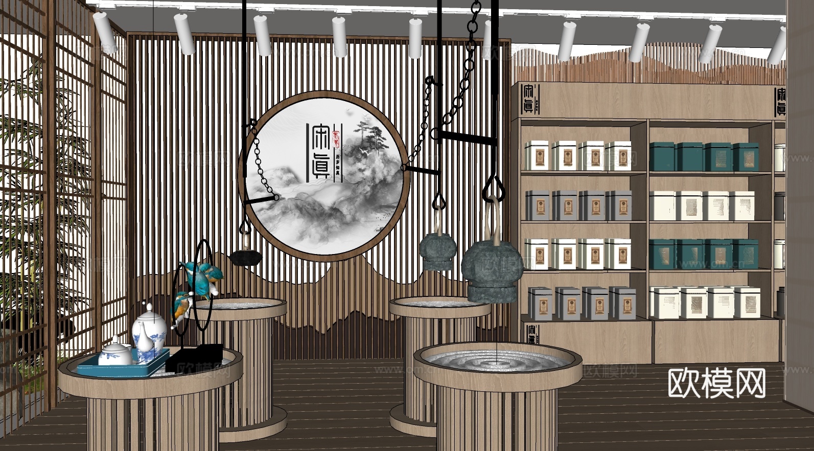 新中式茶馆 茶楼 茶桌椅组合 背景墙su模型su模型