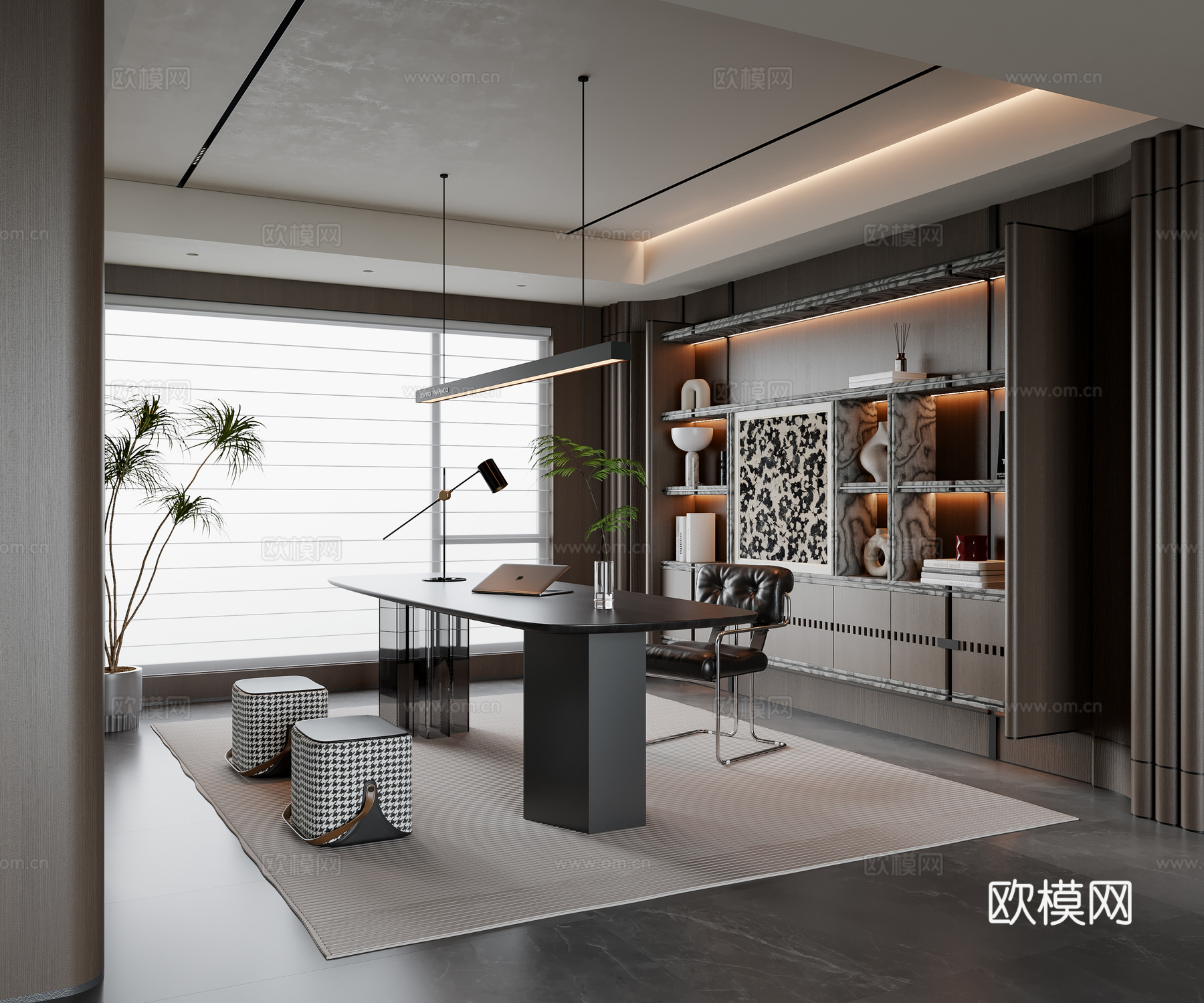 现代意式书房 书桌椅 吊灯 书柜 装饰柜 饰品摆件su模型