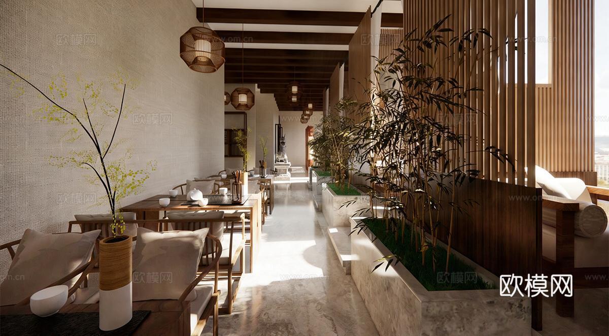 新中式中式茶馆 茶馆雅座 茶桌椅组合su模型