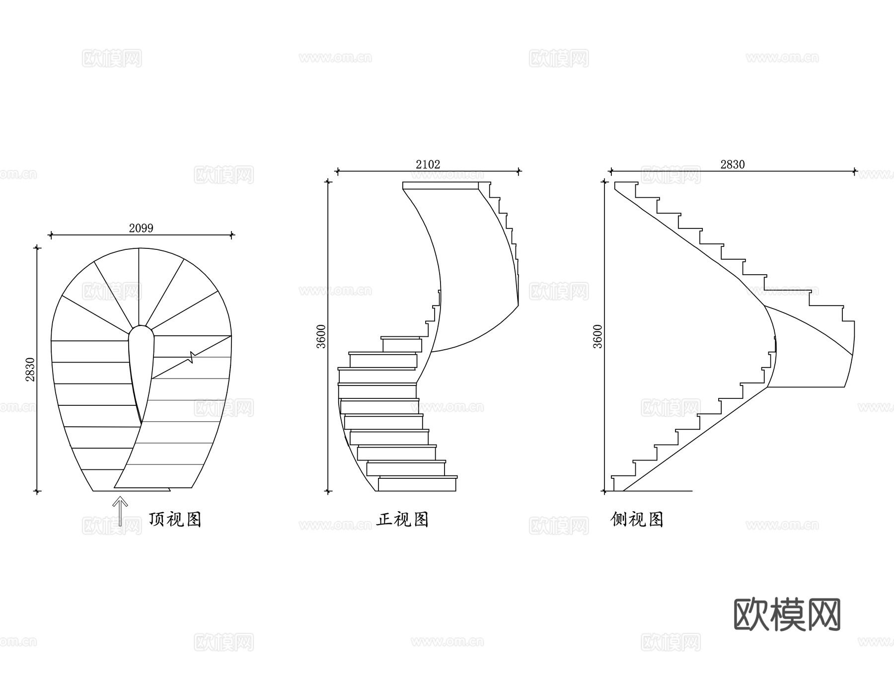 弧形梯 弧形楼梯 弯形楼梯 圆弧楼梯 弧形梯段cad施工图