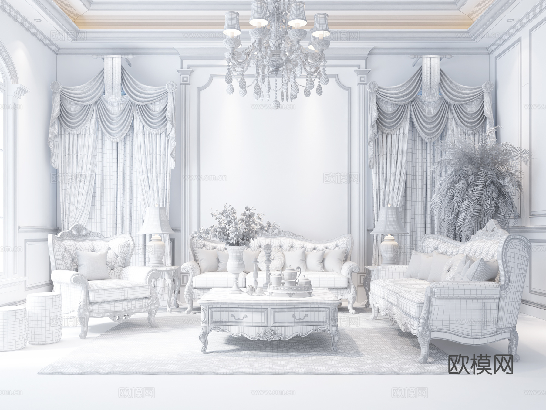 美式奢华客厅沙发3d模型下载（渲染图2）