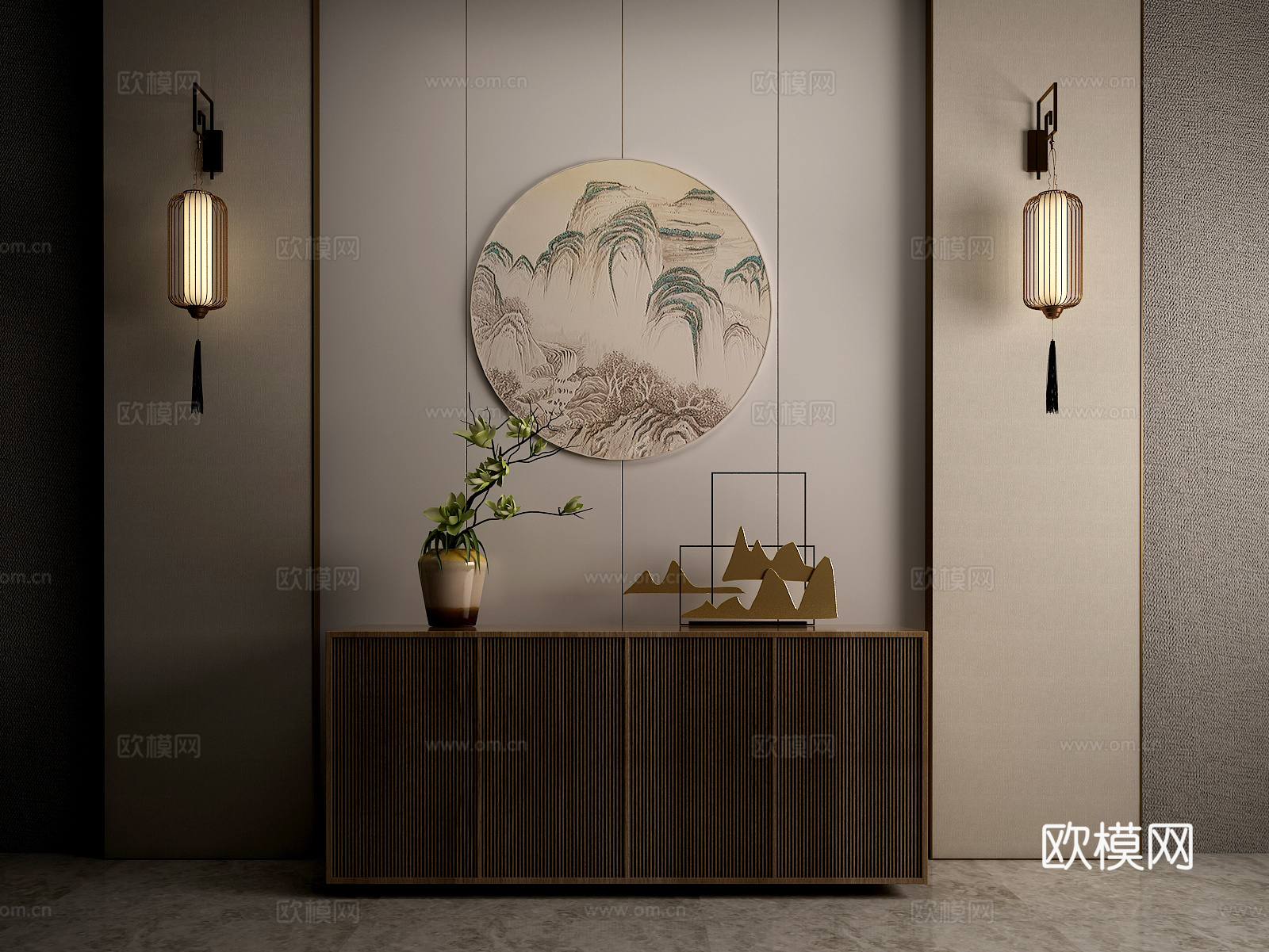 新中式端景柜壁灯摆件组合3d模型下载（渲染图1）