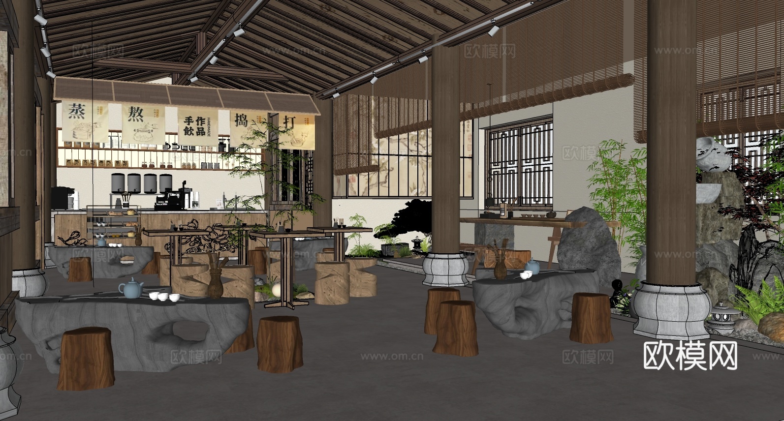 新中式中式茶餐厅 茶室  茶馆 茶桌椅组合 茶台su模型