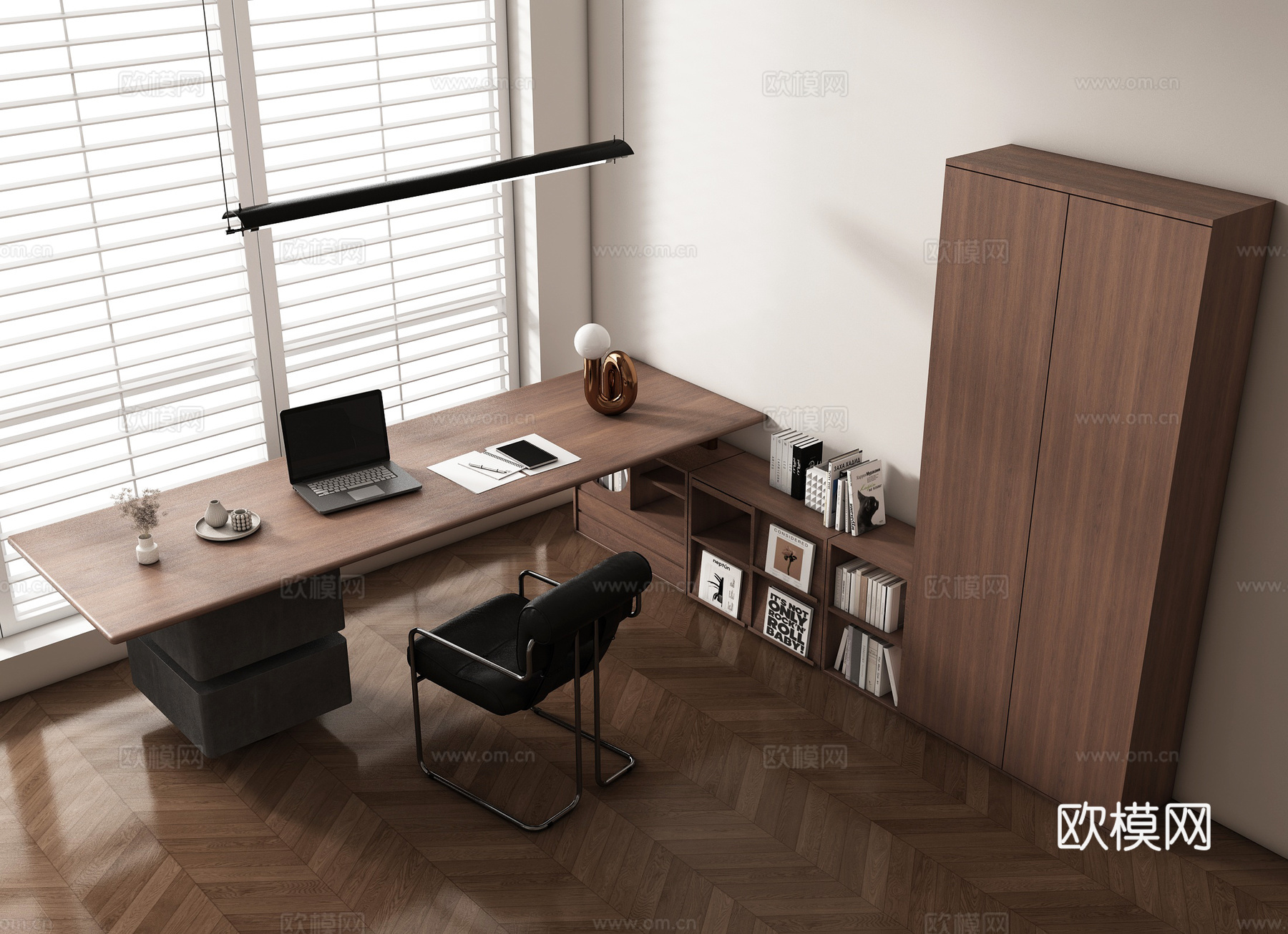 现代简约书桌椅 书桌  办公桌椅 摆件组合 书柜su模型