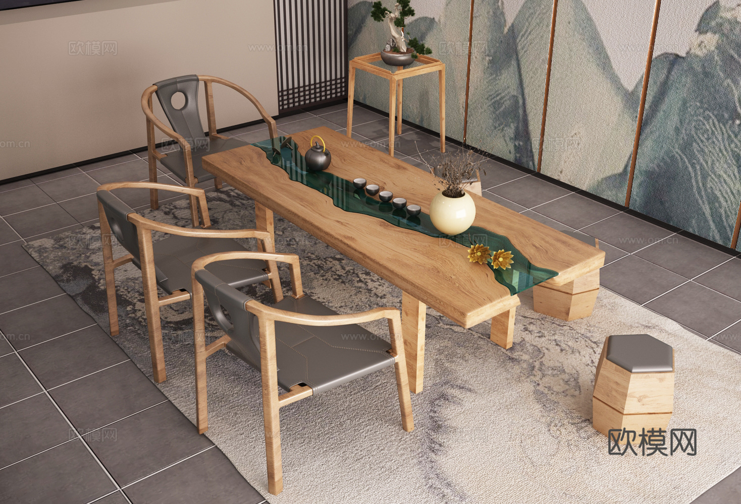 新中式茶室 座椅 鼓凳 茶具 干枝饰品 地毯 背景墙 盆3d模型