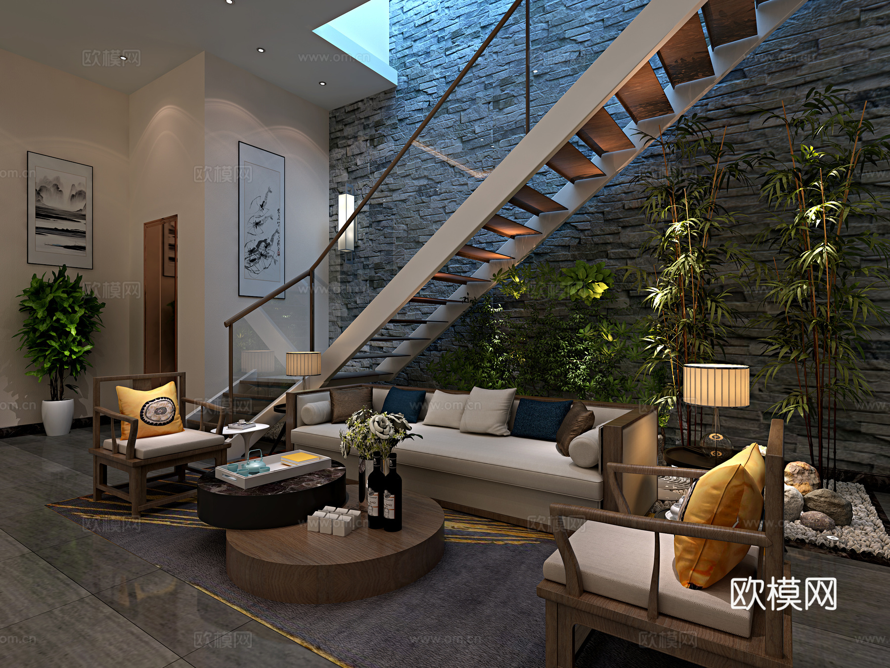 现新中式景观茶室 沙发 植物 楼梯 水景3d模型下载