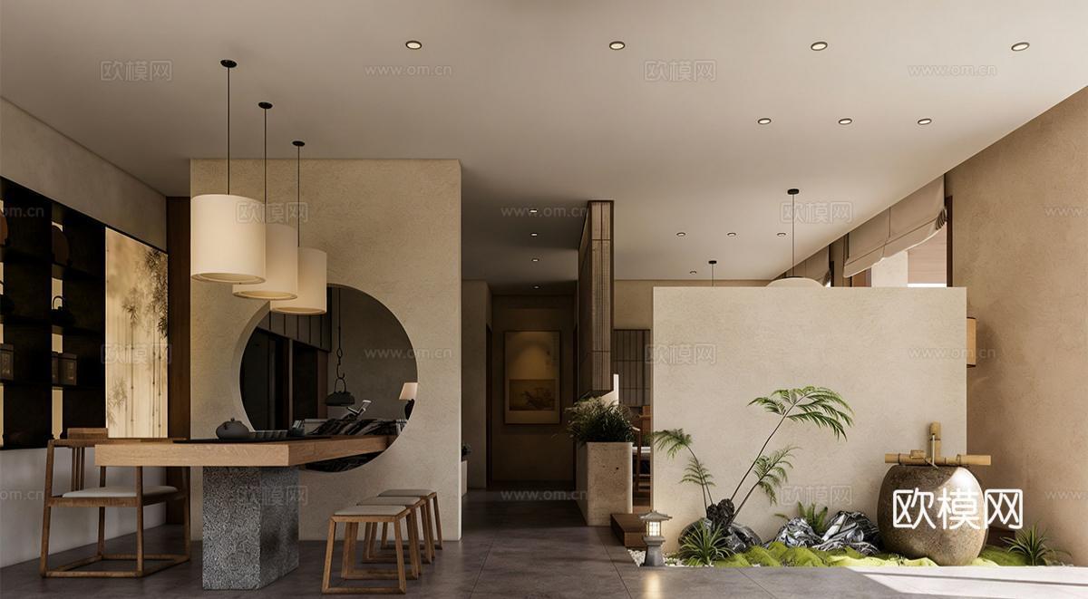 新中式茶馆 茶叶店 茶桌组合su模型