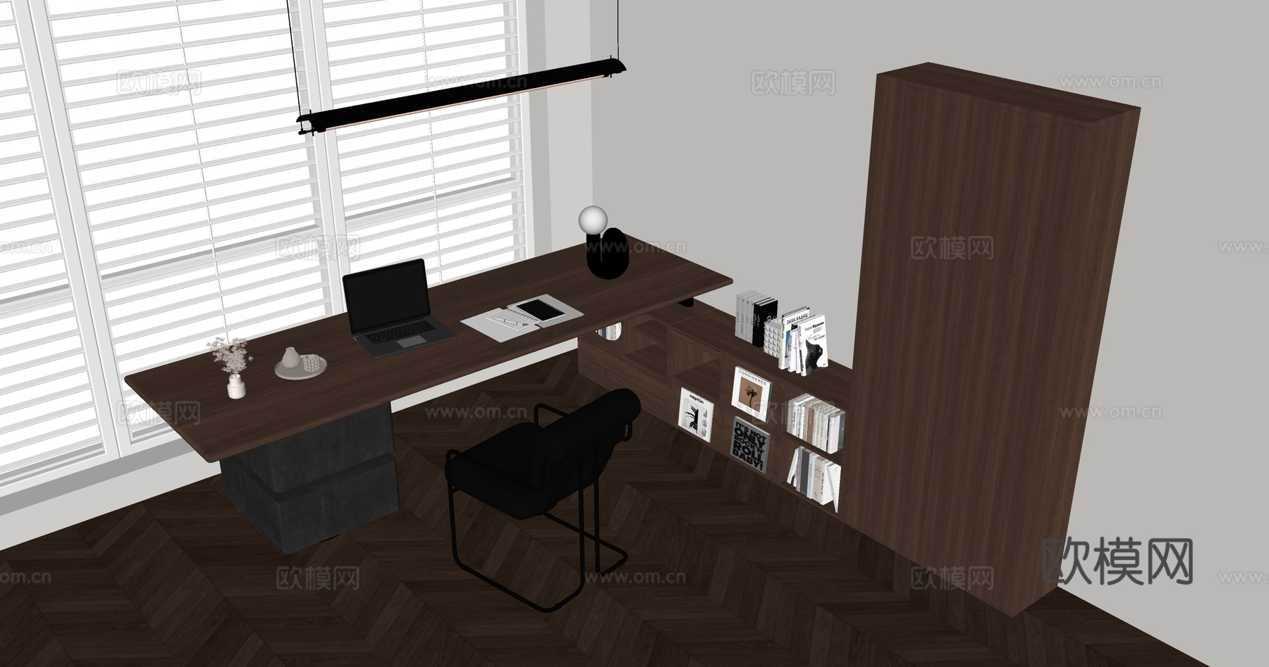 现代简约书桌椅 书桌  办公桌椅 摆件组合 书柜su模型