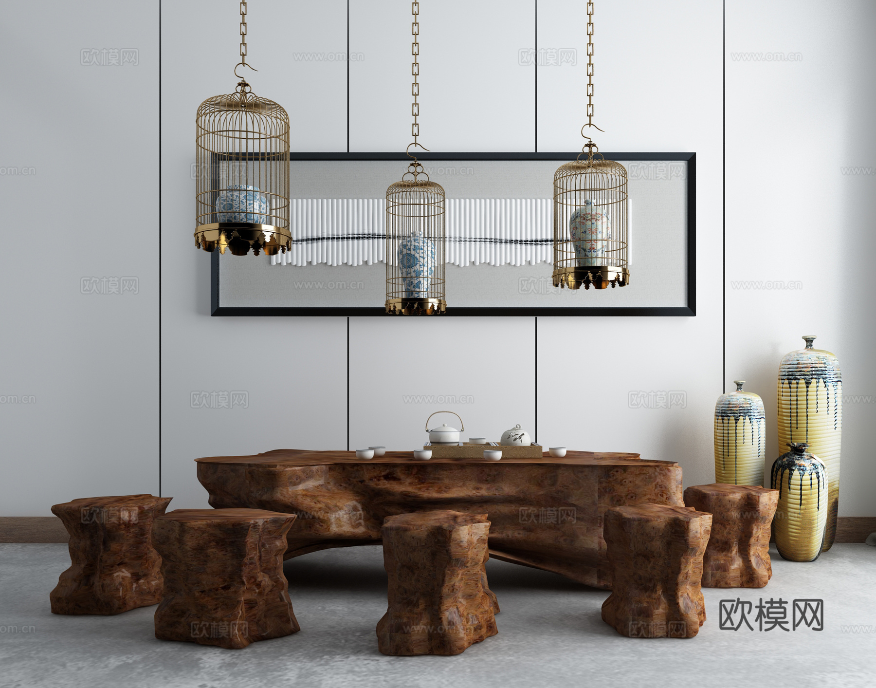 新中式禅意茶室 根雕茶蹲 陶罐组合 青花瓷吊灯3d模型下载（渲染图2）