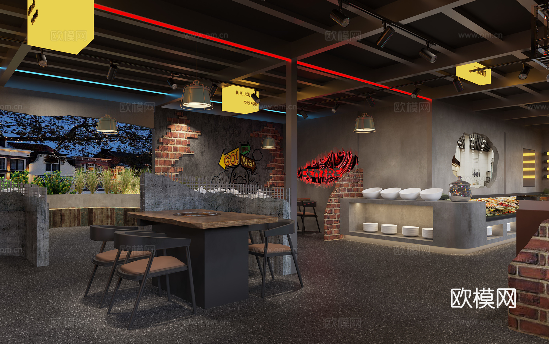 网红风烧烤店 最新全套 效果图 施工图设计cad施工图