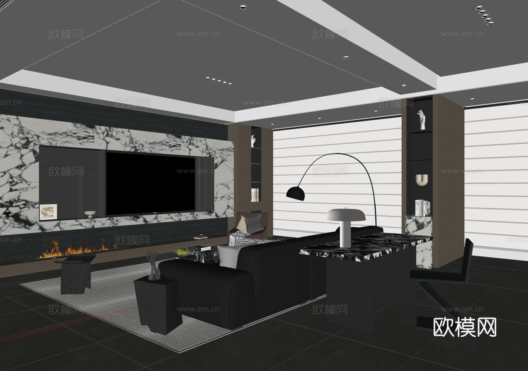 现代意式客厅 沙发茶几 电视背景墙 书桌椅 地毯su模型