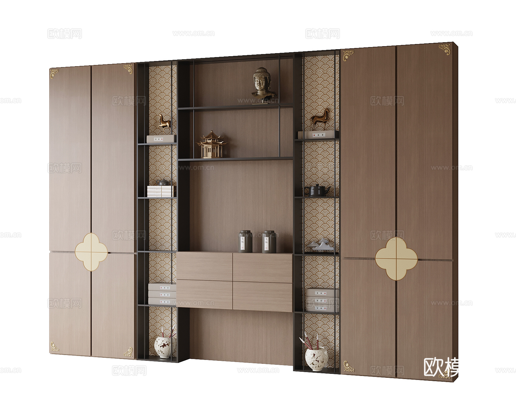新中式装饰柜 书柜 茶室柜su模型