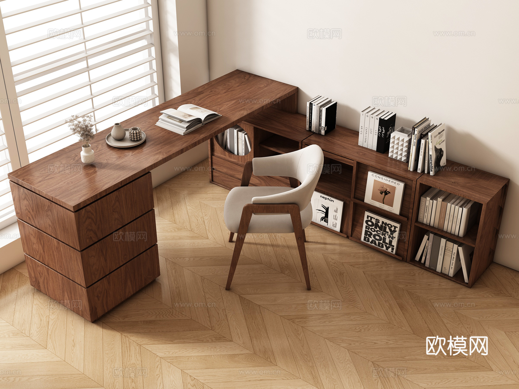 现代简约书桌椅 书桌  办公桌椅 摆件组合 书柜su模型