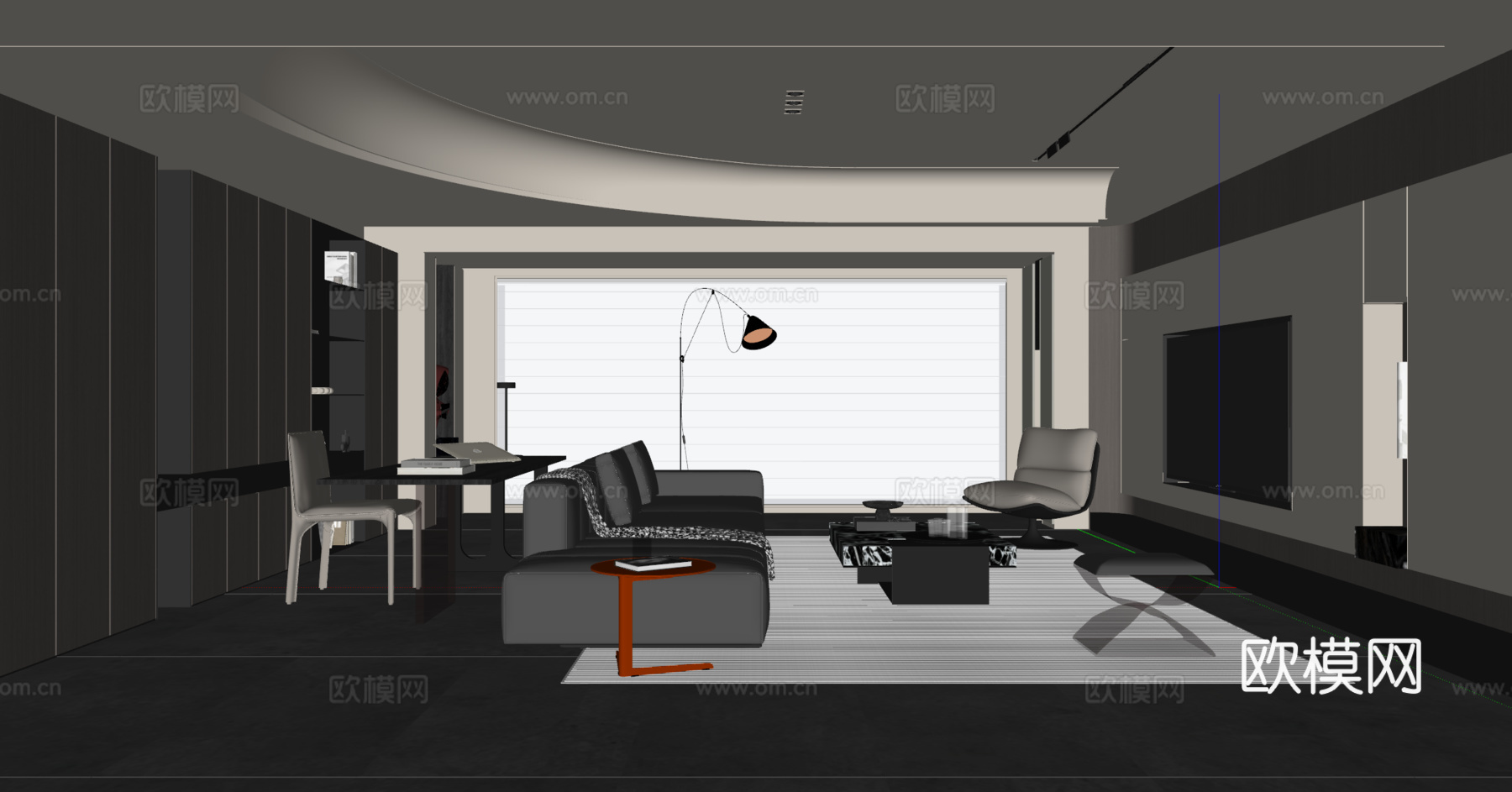 现代意式客厅 大平层 沙发茶几 电视背景墙 书桌椅 书柜 地su模型