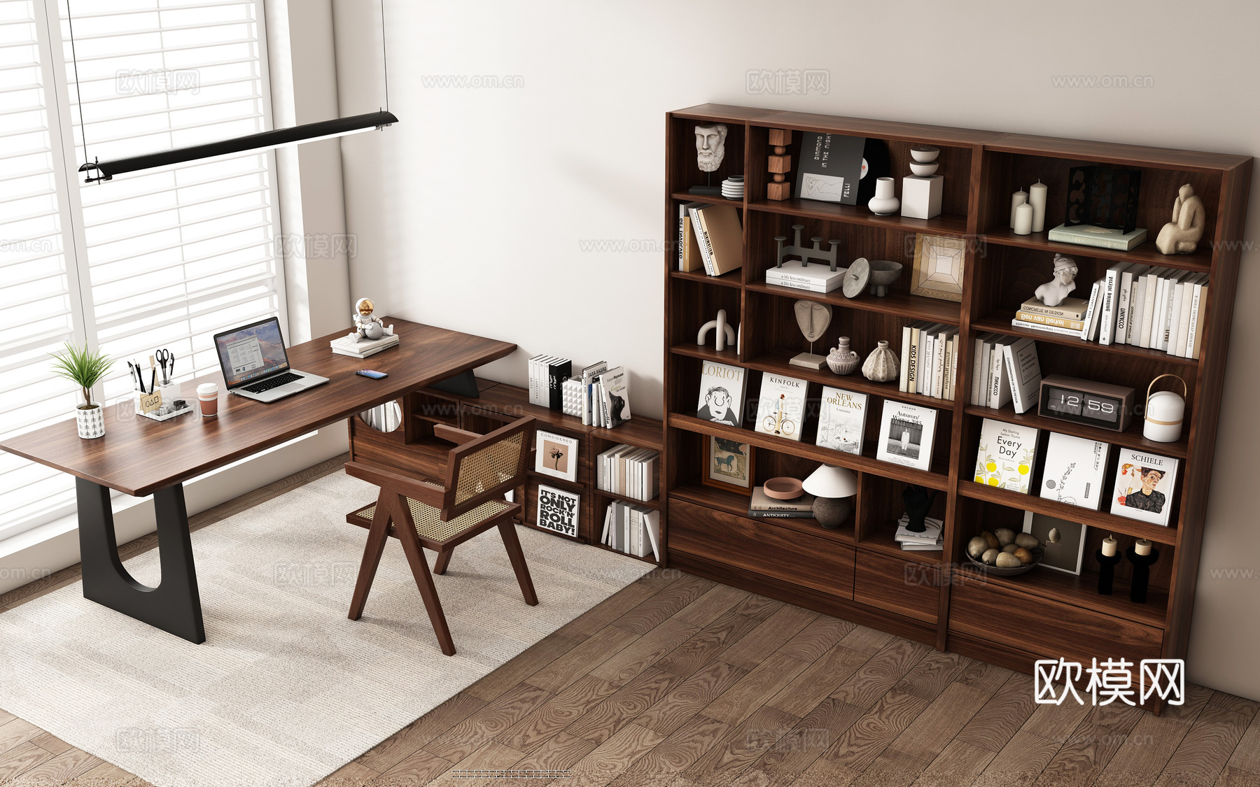 现代简约书房 书桌椅  办公桌椅 摆件组合 书柜su模型