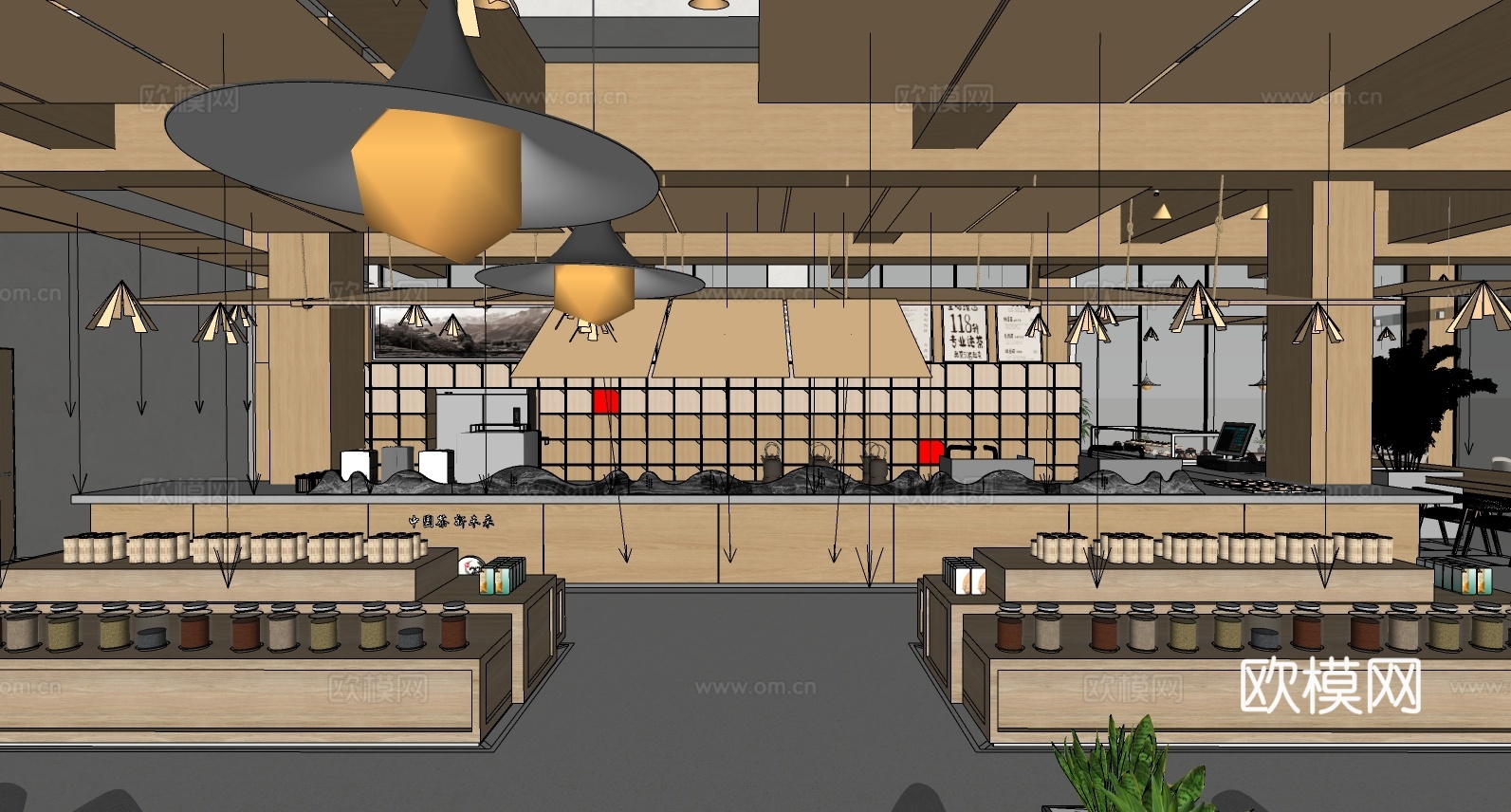 新中式茶馆 茶叶店 茶桌椅组合 茶叶展厅su模型