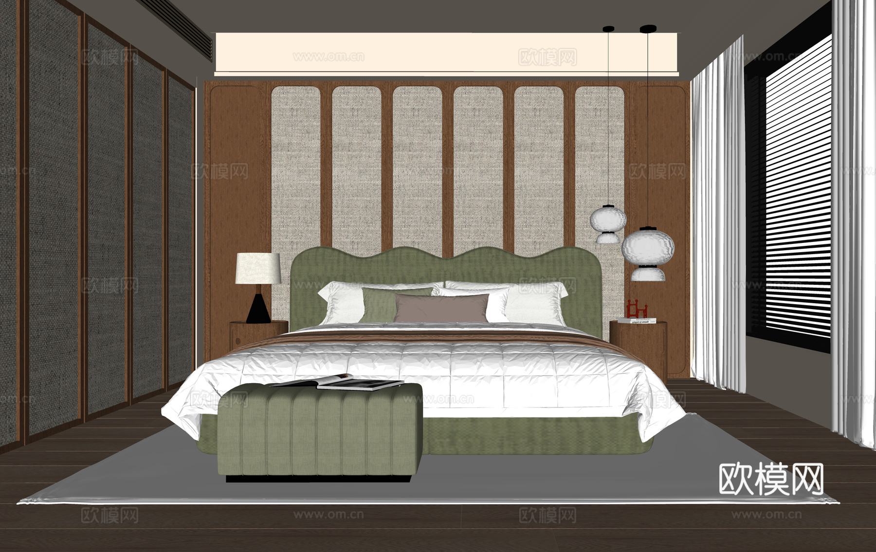现代卧室 床头柜 床尾凳 双人床su模型